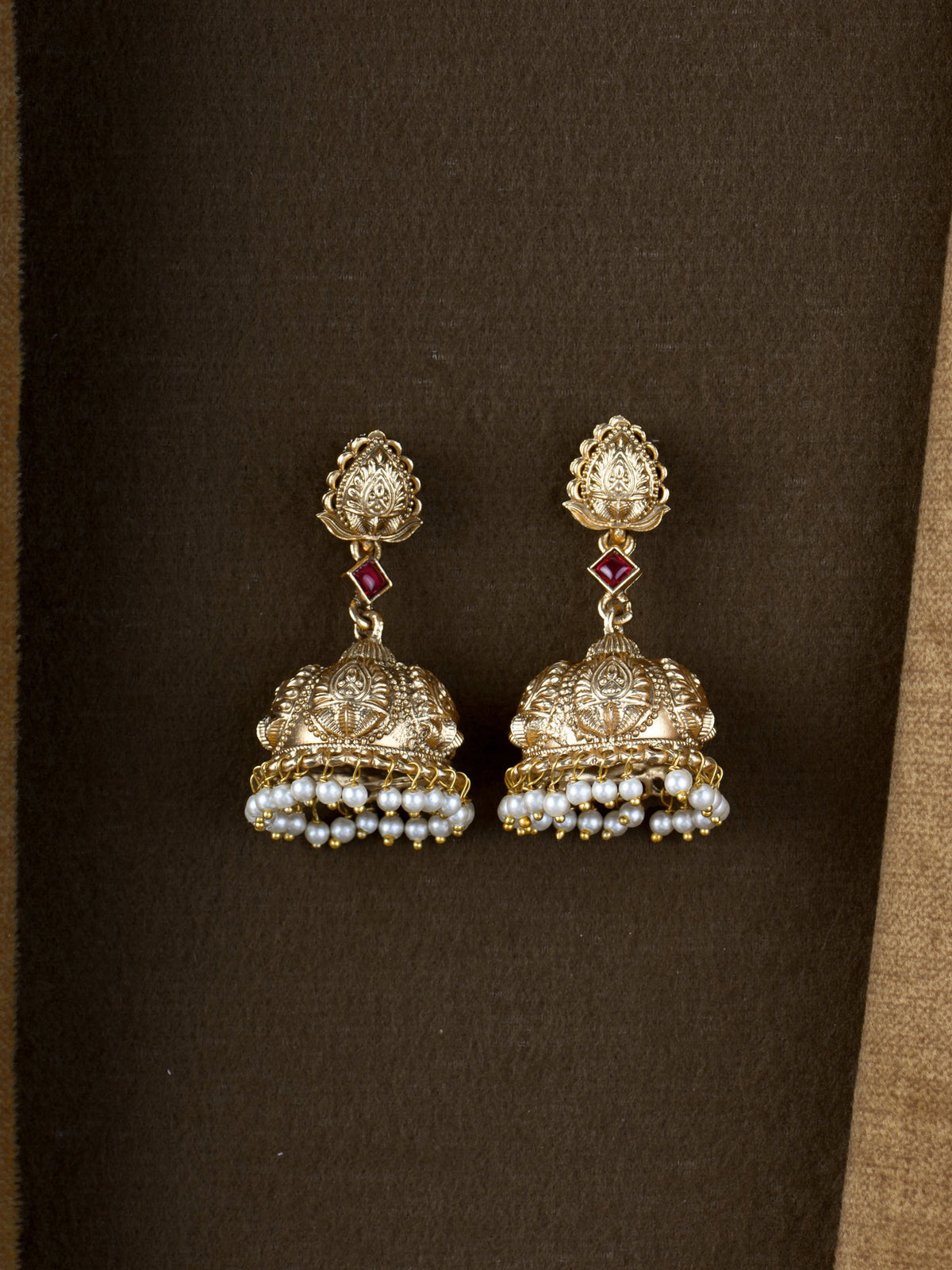 Antique Leaf Bead Jhumkas - White
