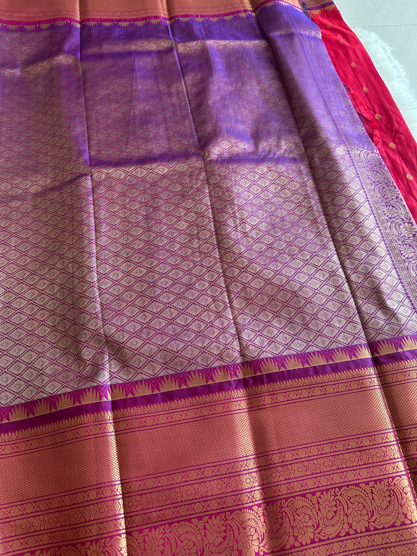 Red and Rani Pink Dual Tone Semi Kanchivaram Pattu