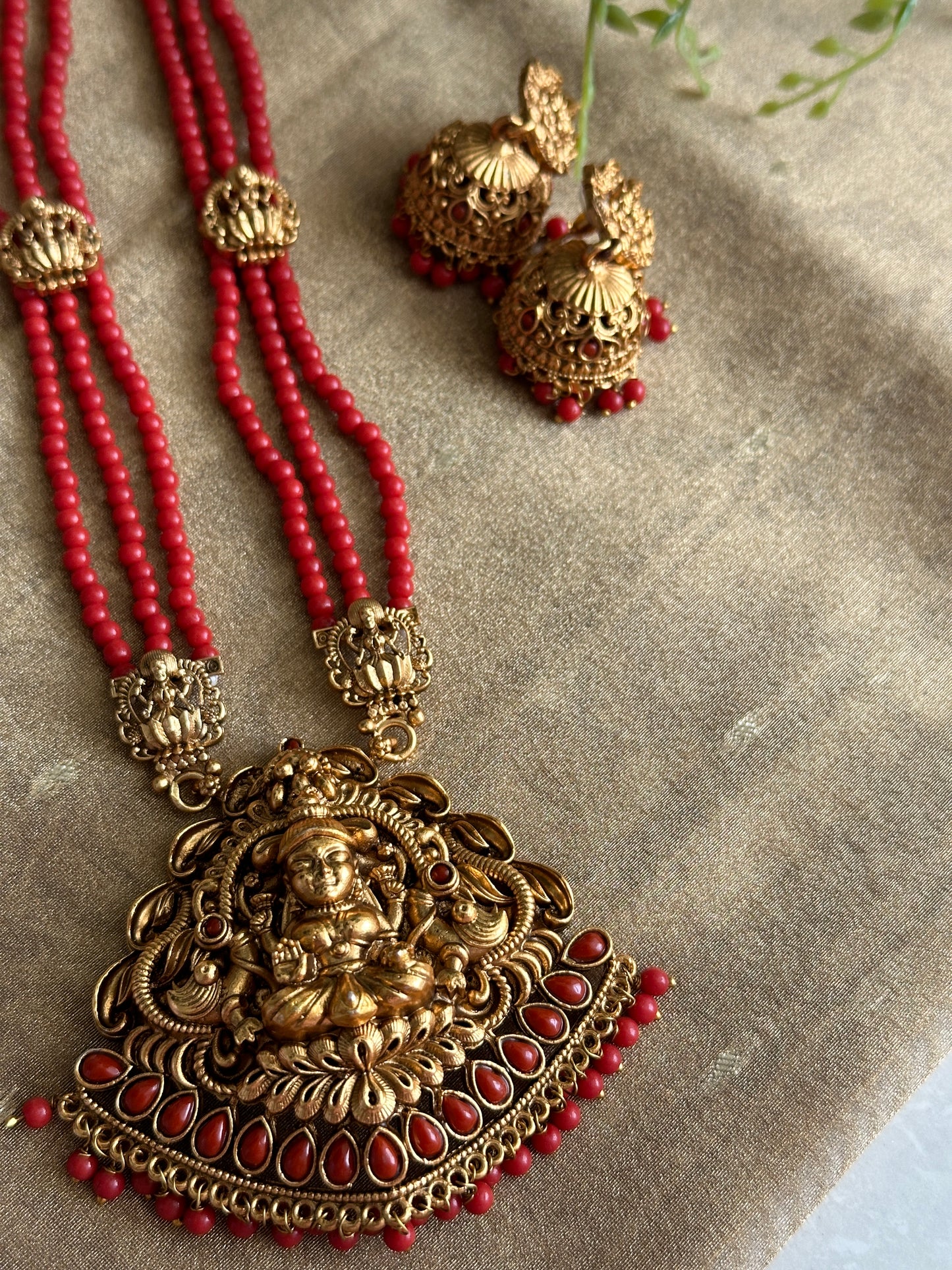Coral bead Drishya Haaram with Jhumkas