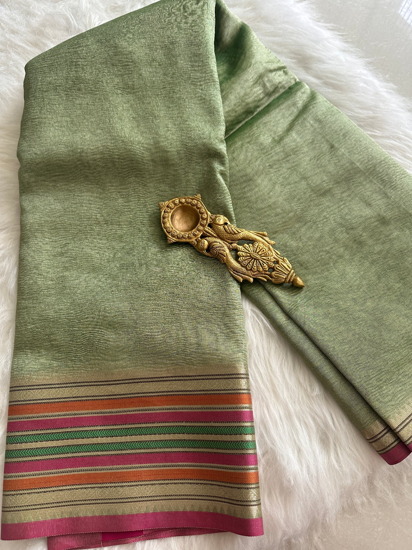 Pistah Green Crushed Tissue Silk Saree
