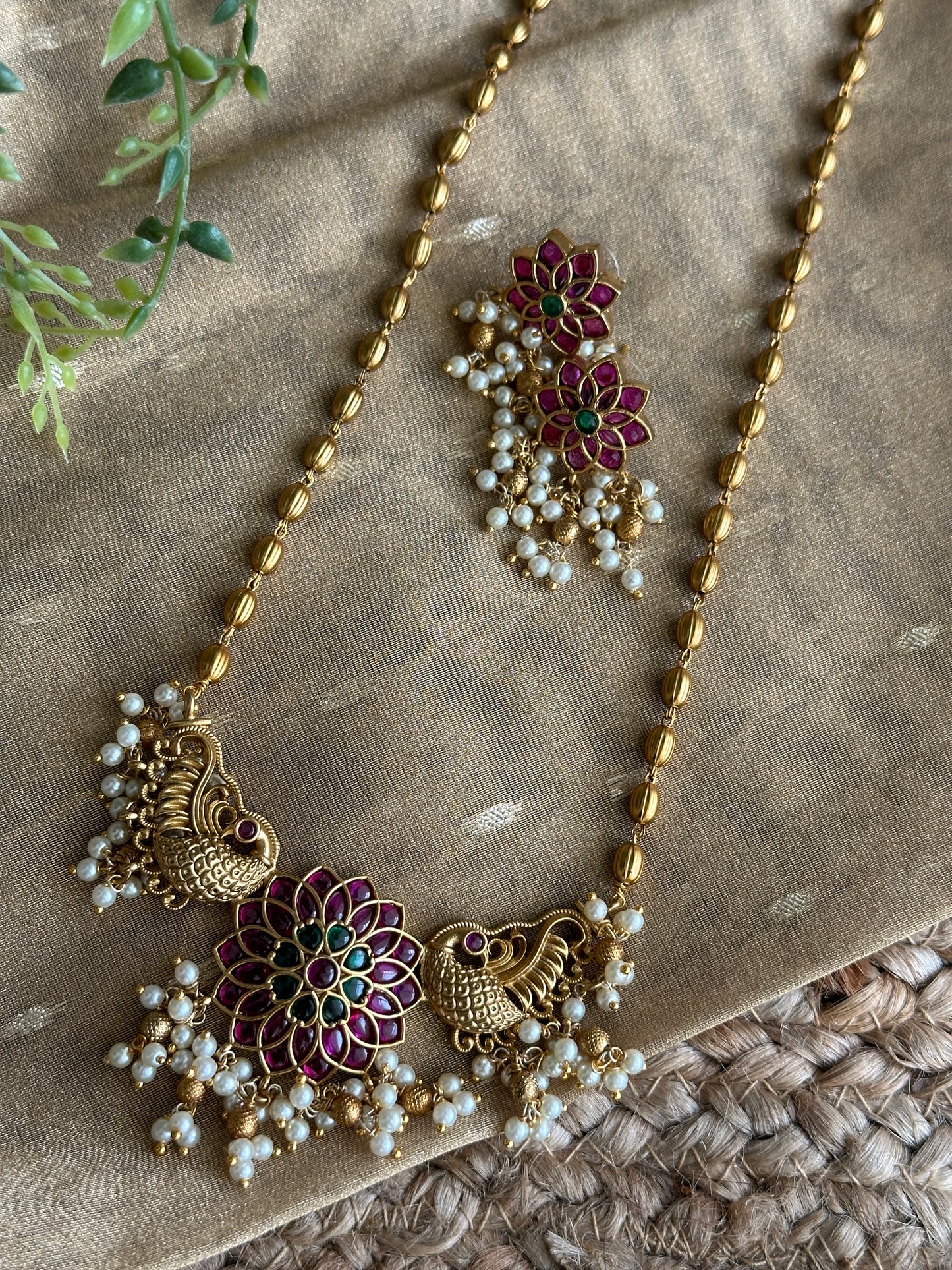 Gold bead chain with Jadau Peacock Pendant