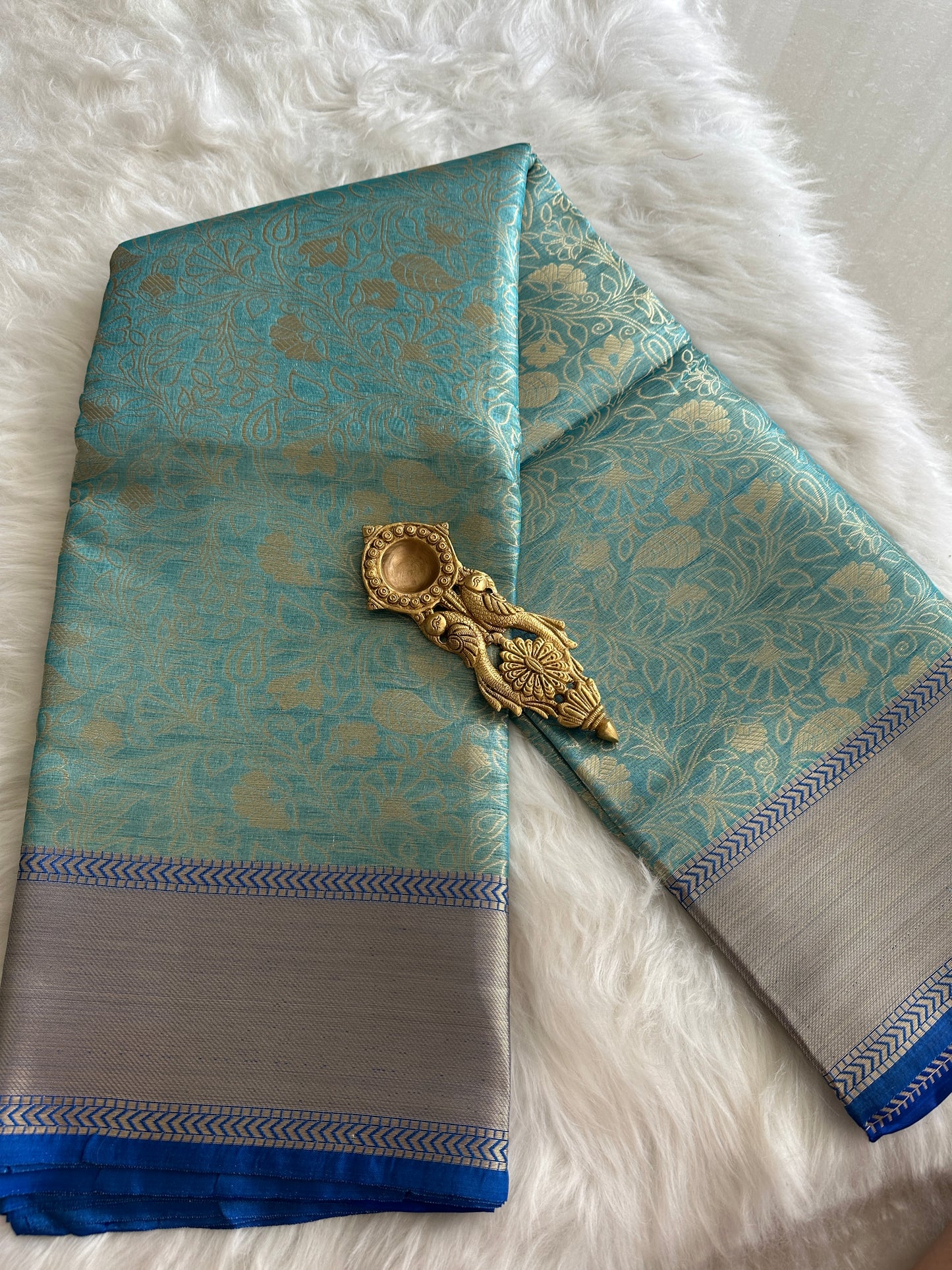 Turquoise Blue Dual Tone Tissue Silk Saree