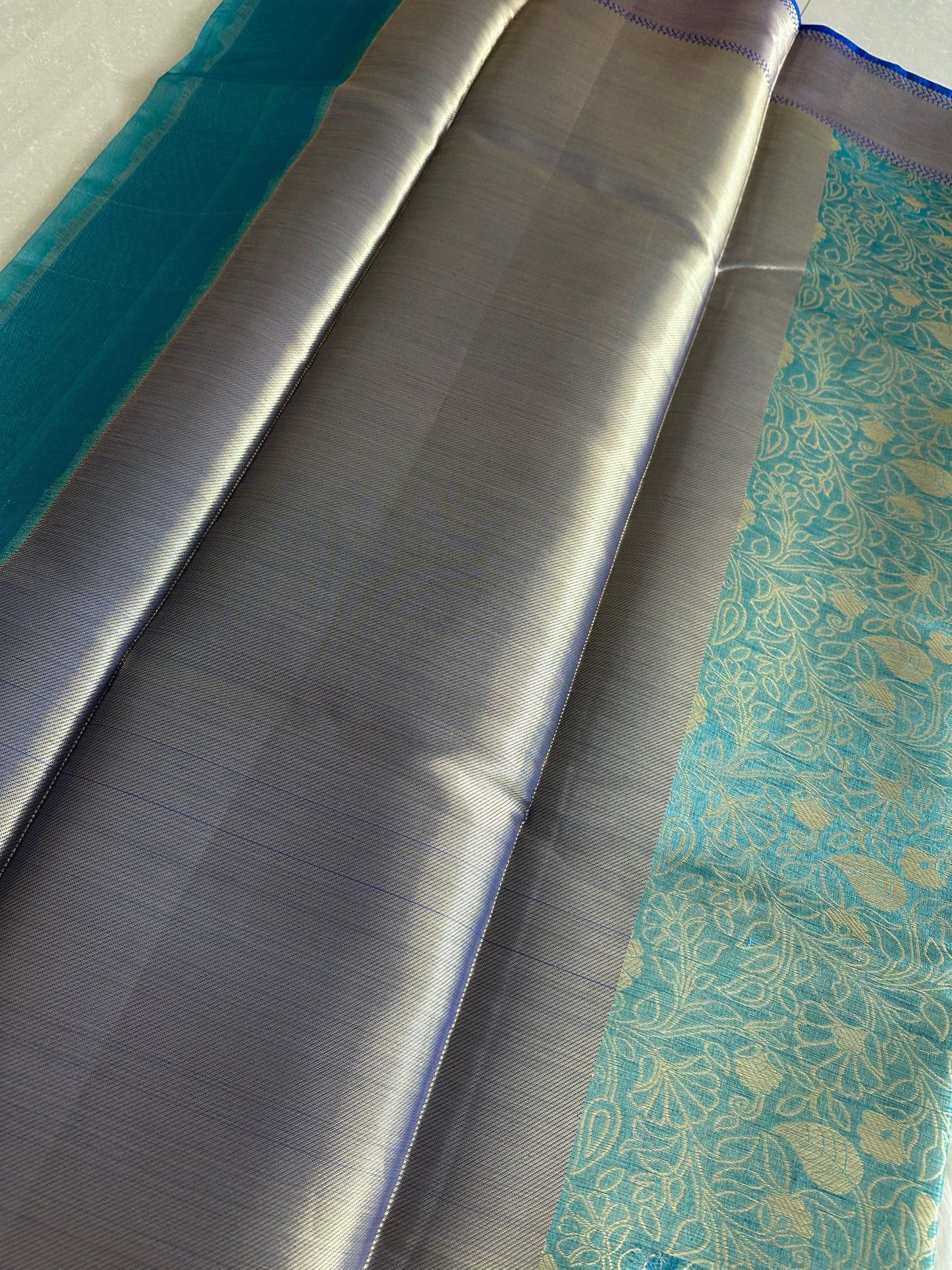 Turquoise Blue Dual Tone Tissue Silk Saree