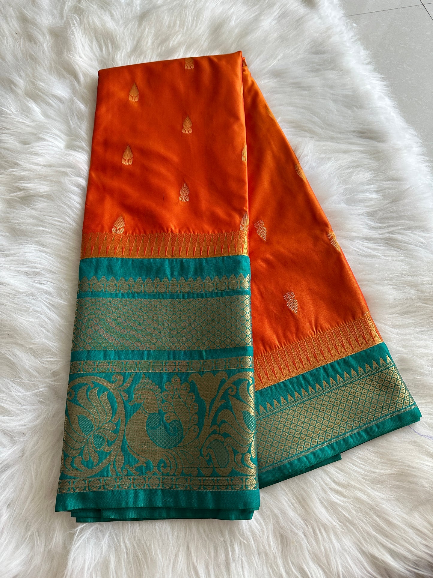 Orange x Blue Semi Kanchivaram Pattu Saree