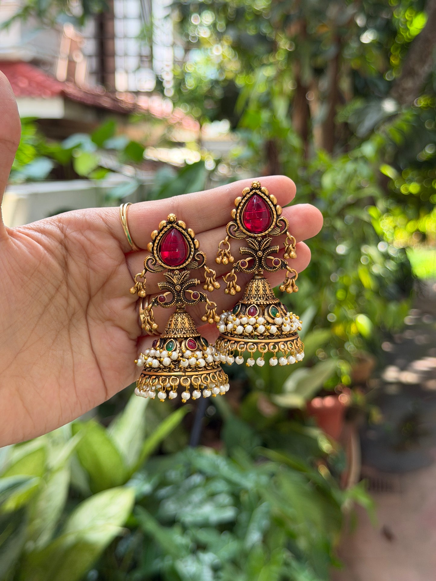 Ruby Tear Drop Jhumkas