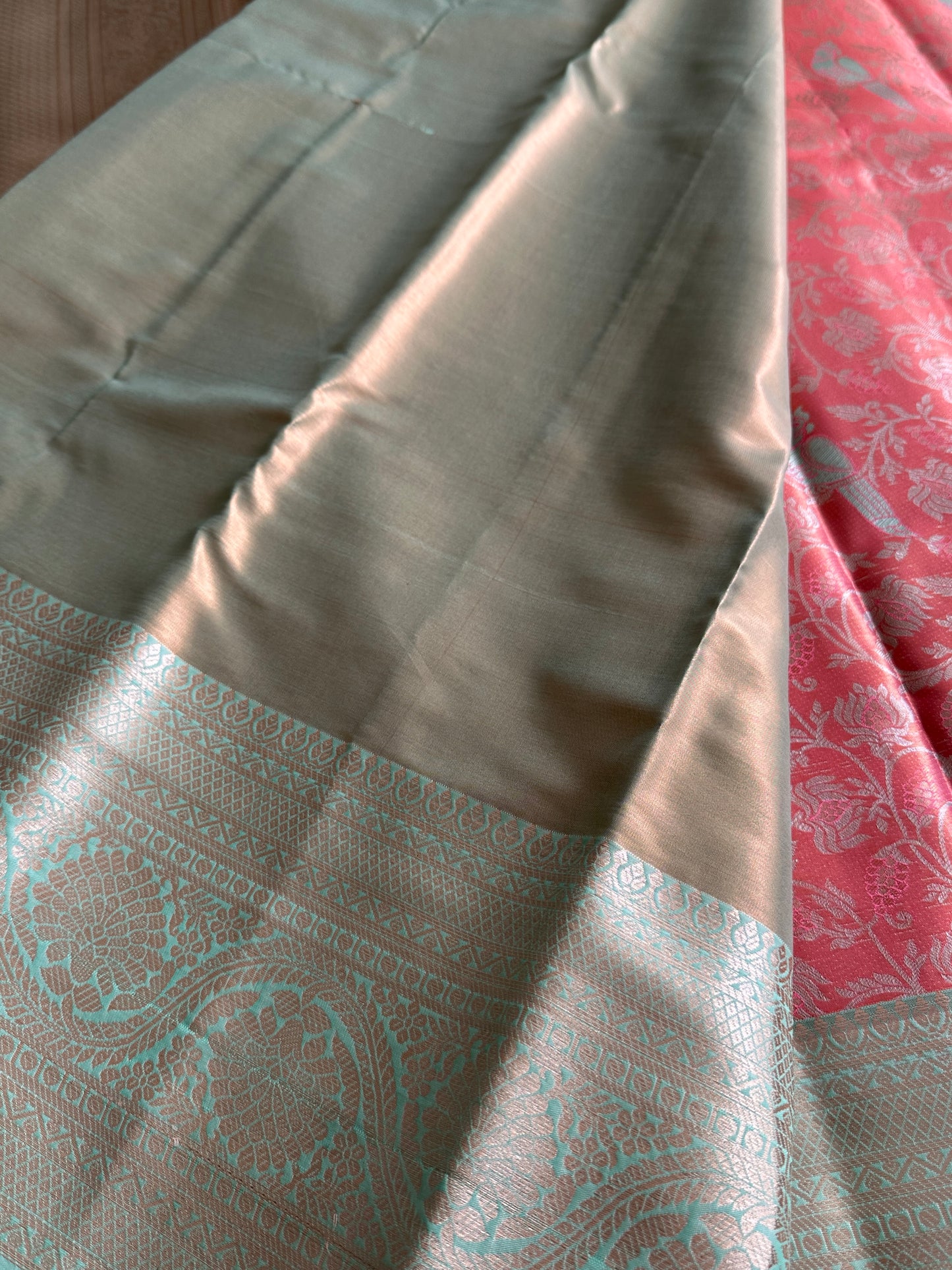 Georgia Peach x pastel blue Tissue Silk Saree