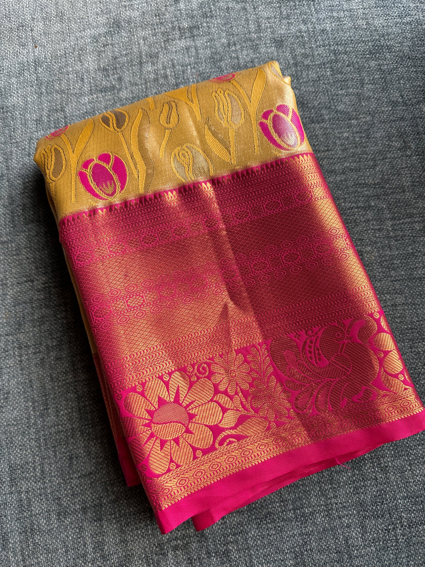 Mimosa Yellow Tulips Kanchi Tissue Silk Saree