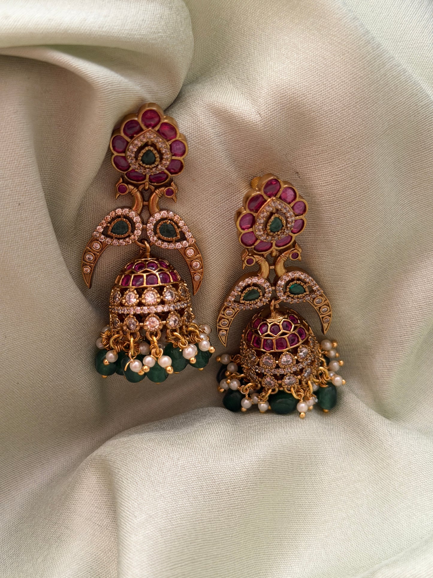 Dual Morah Ruby x Emerald Jhumkas