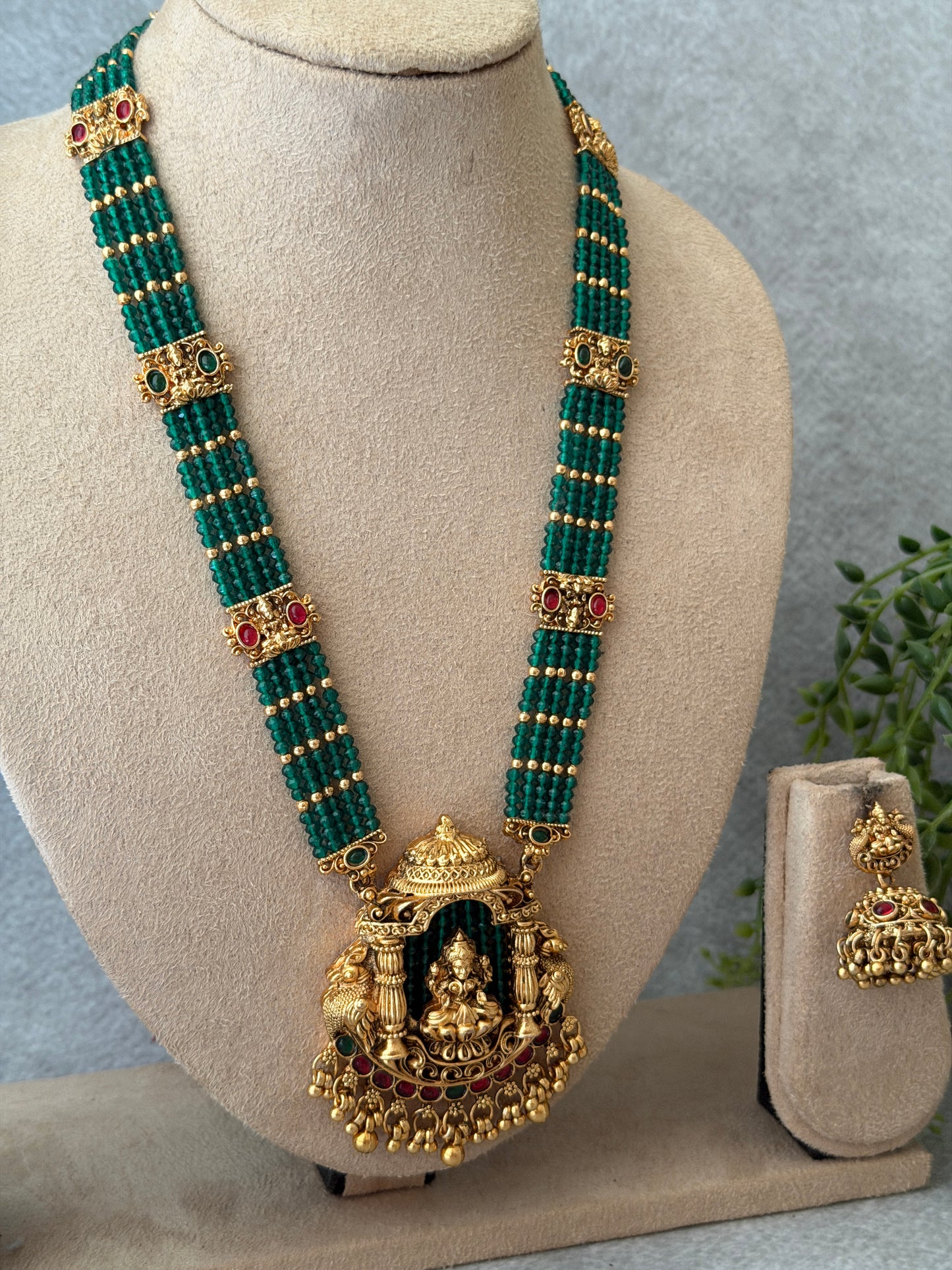 Emerald Crystal Bead Lakshmi Haaram