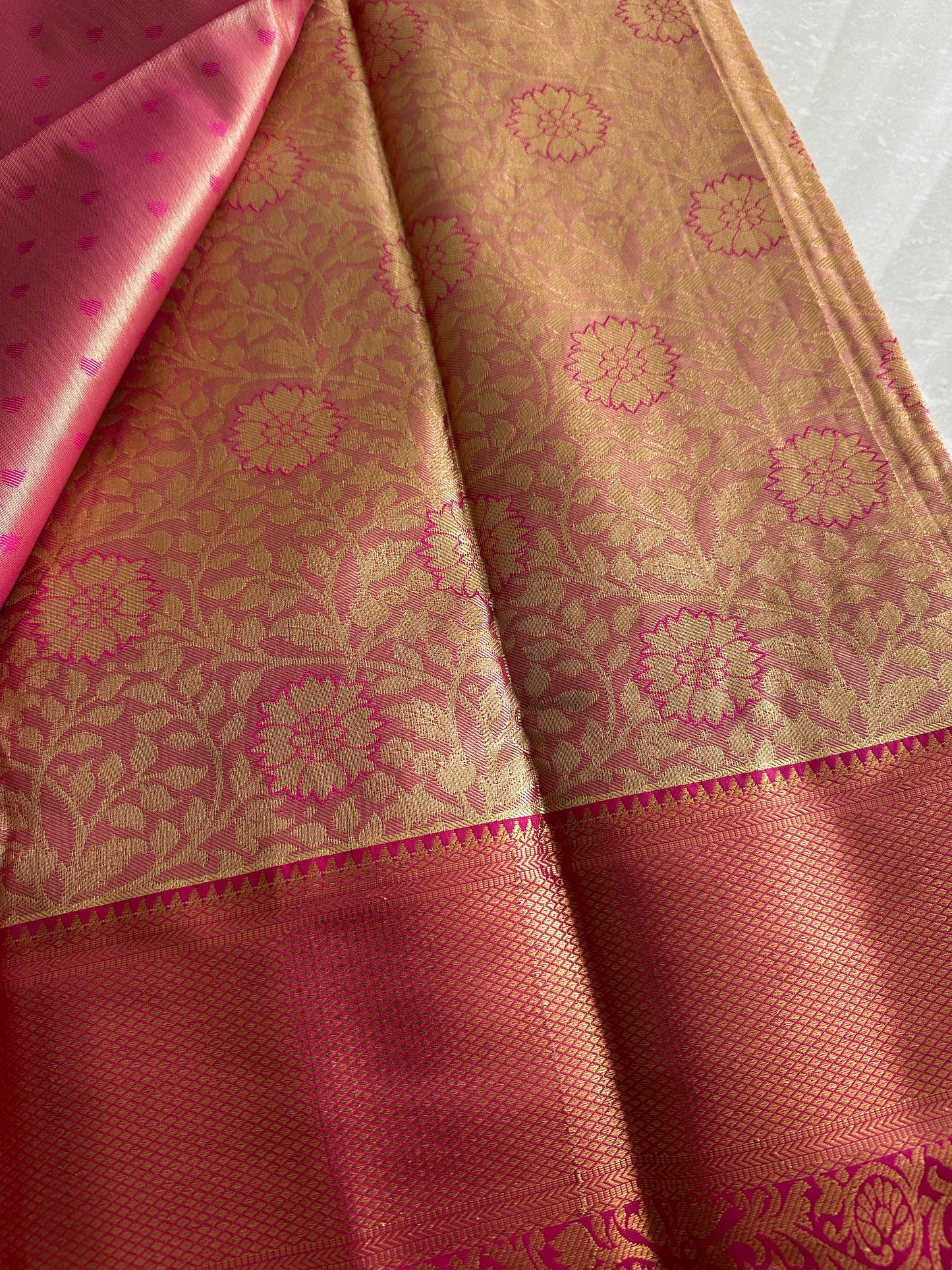 Peachy Orange Tissue Kanchi Pattu