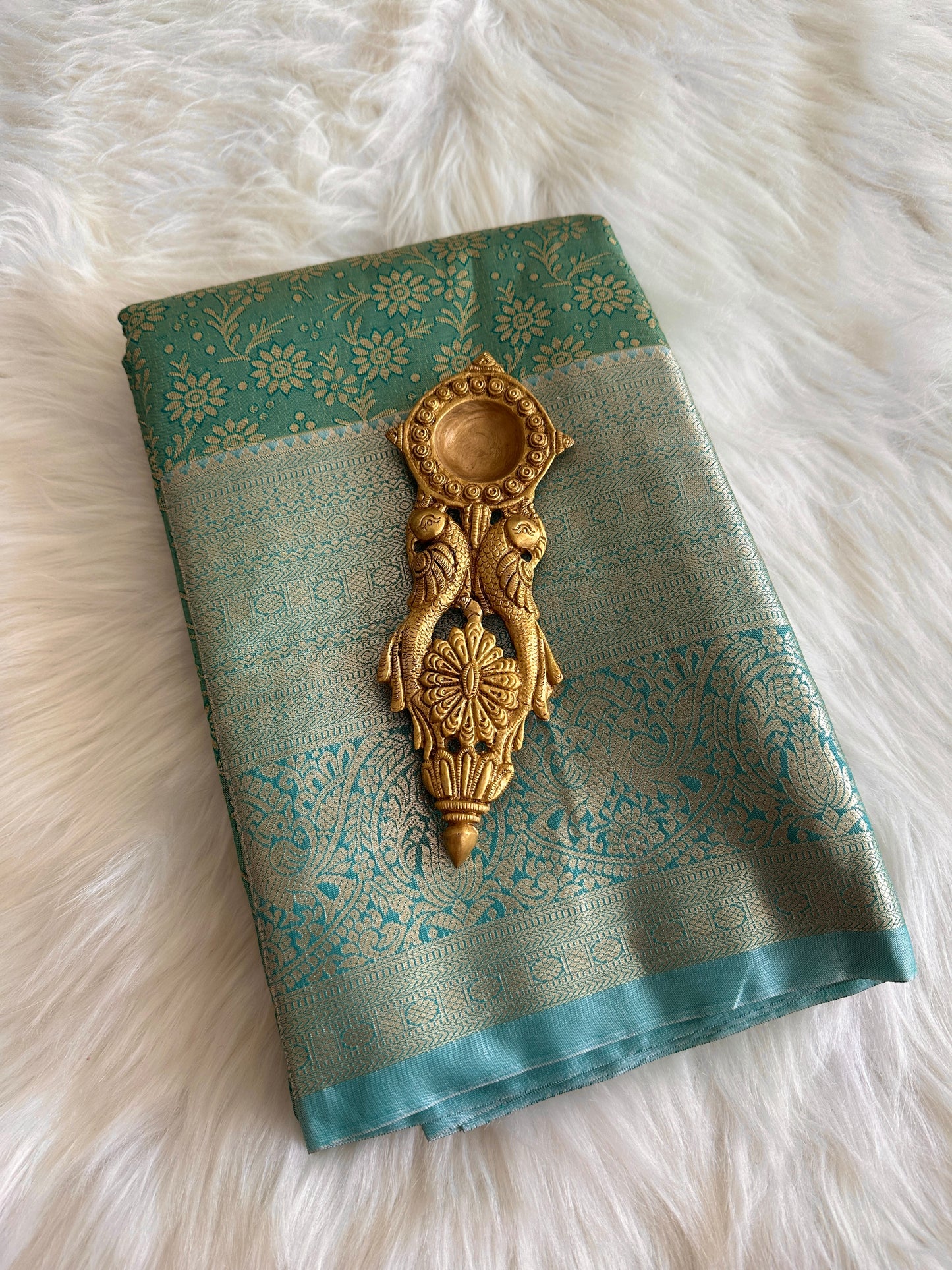 Light Sea Green and Blue Dual Tone Kanchi Tissue Silk