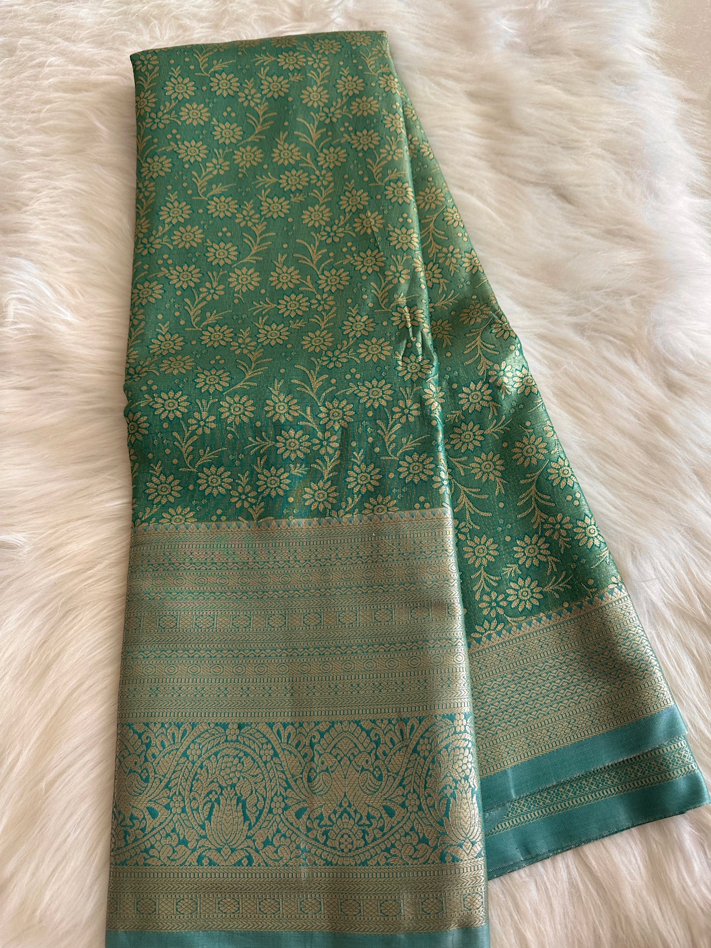 Light Sea Green and Blue Dual Tone Kanchi Tissue Silk