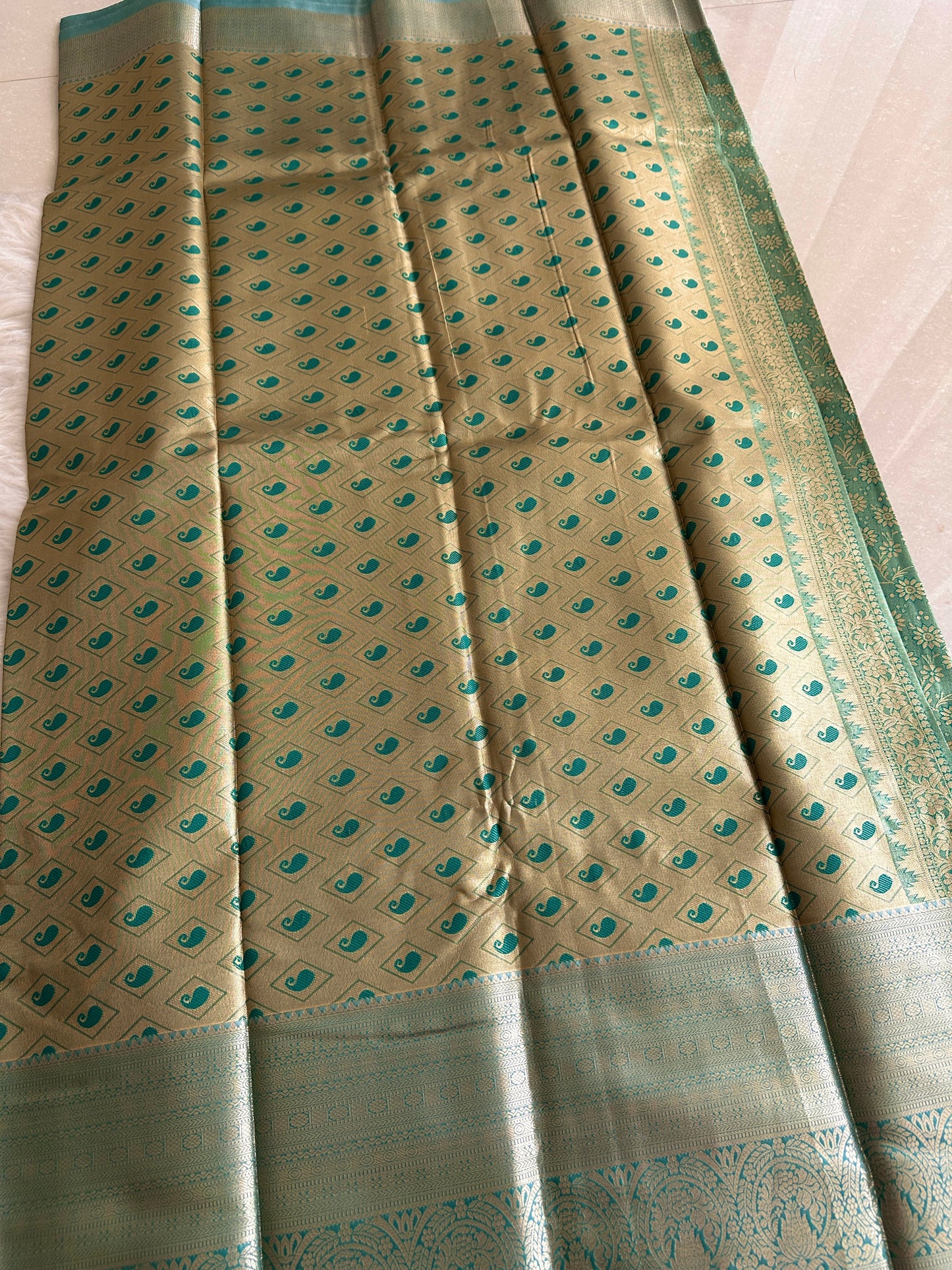 Light Sea Green and Blue Dual Tone Kanchi Tissue Silk