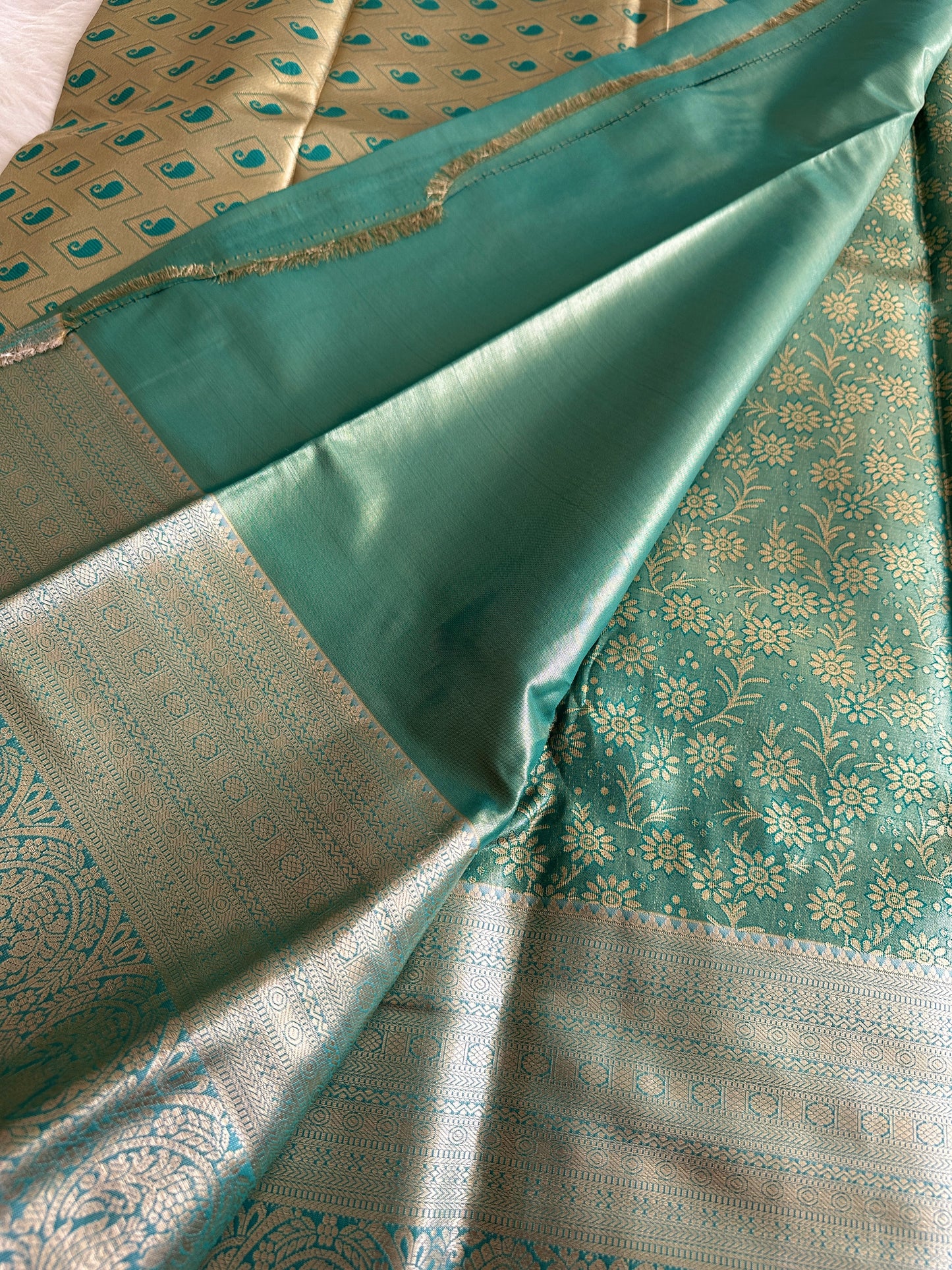 Light Sea Green and Blue Dual Tone Kanchi Tissue Silk