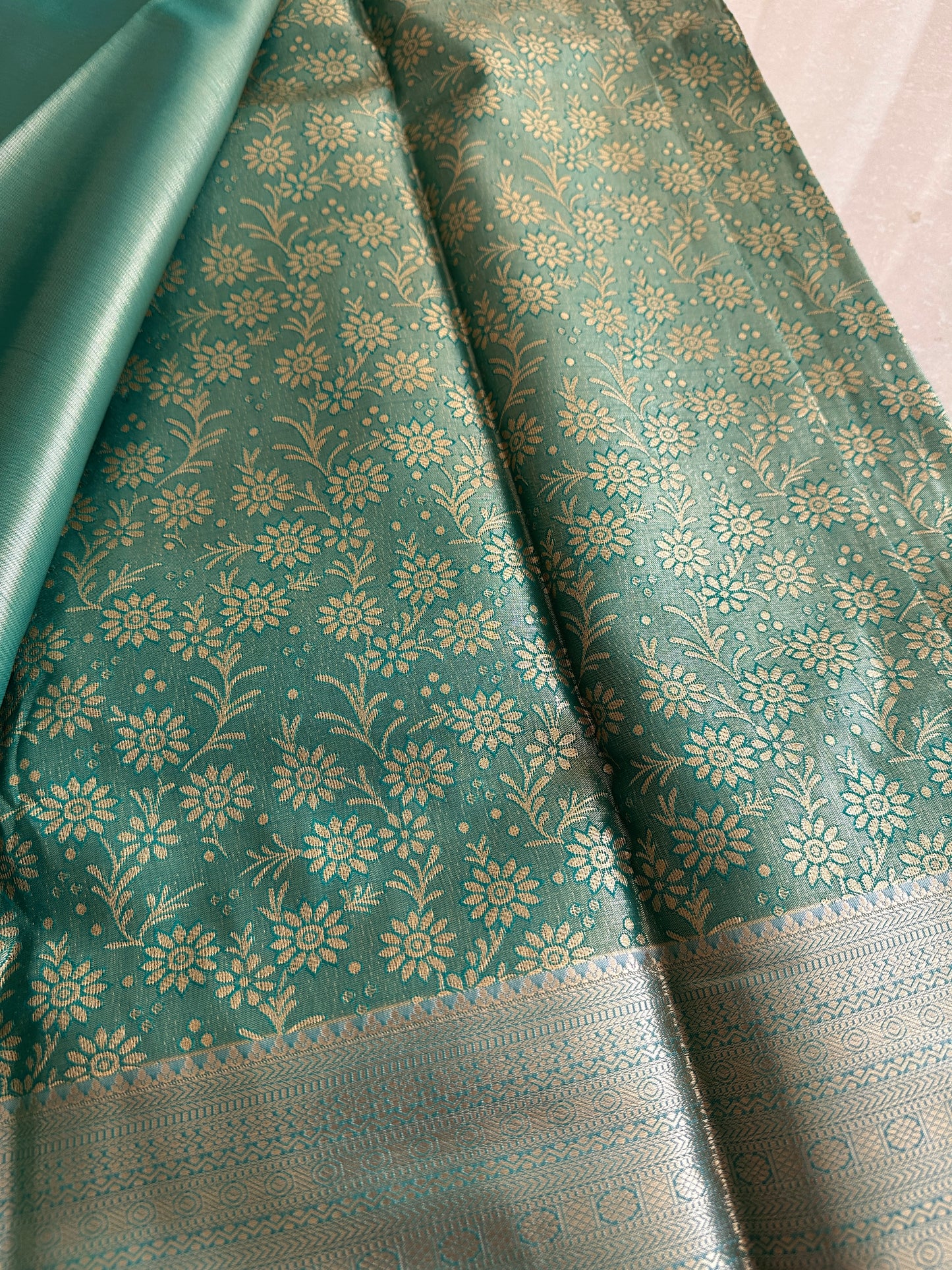 Light Sea Green and Blue Dual Tone Kanchi Tissue Silk