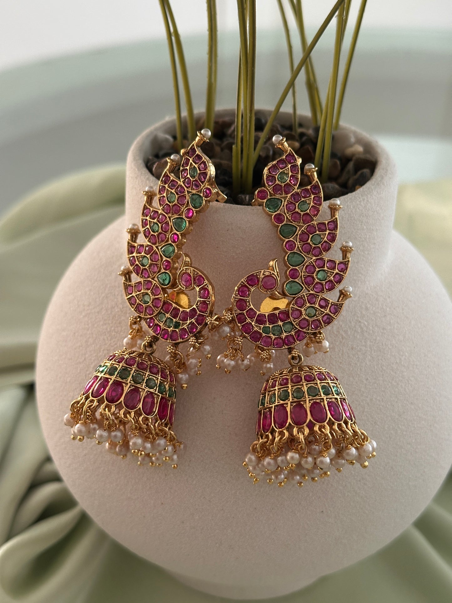 Premium Kemp Peacock Earcuff Jhumkas