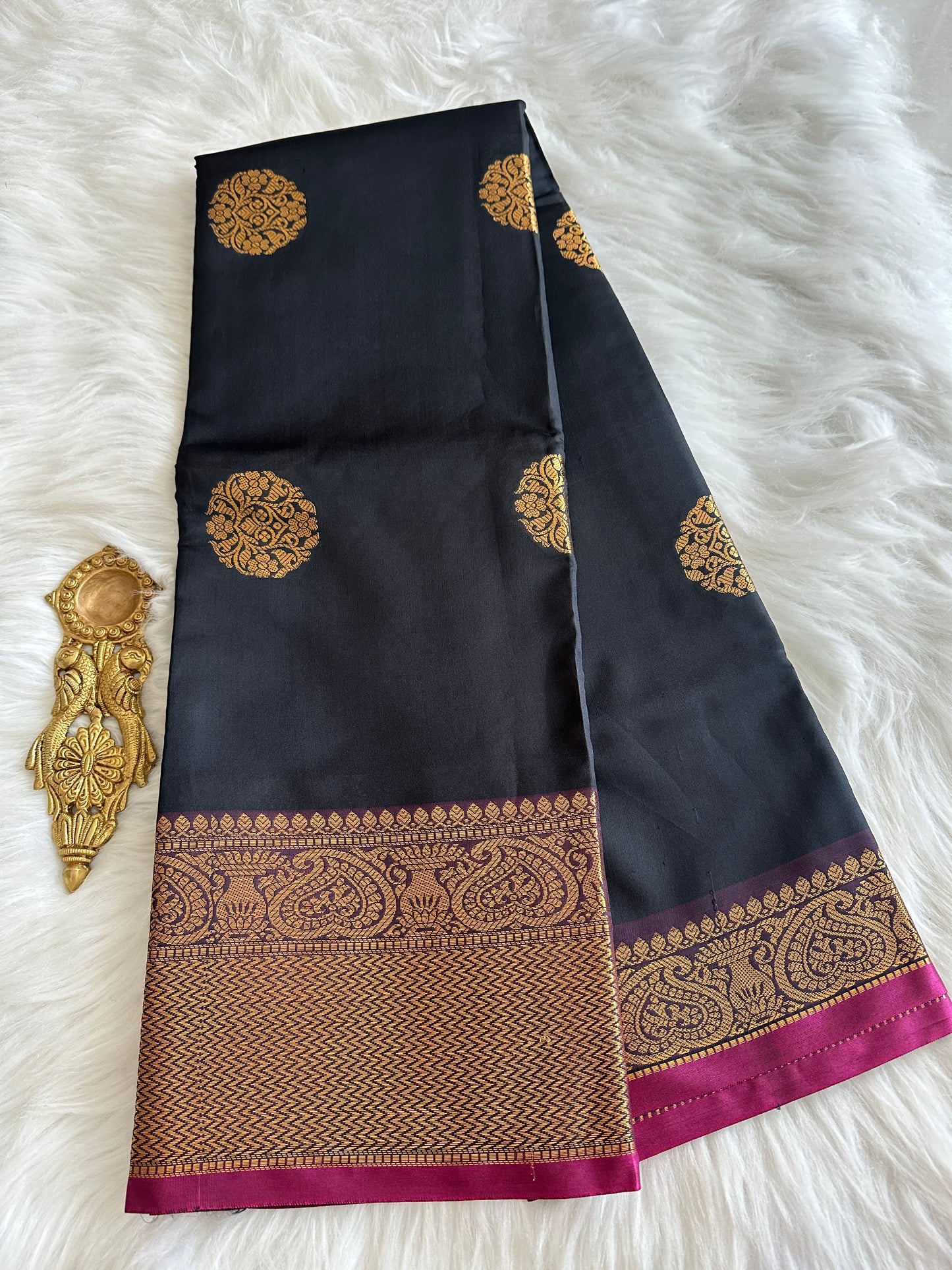 Black Chakra Butta Soft Silk Saree