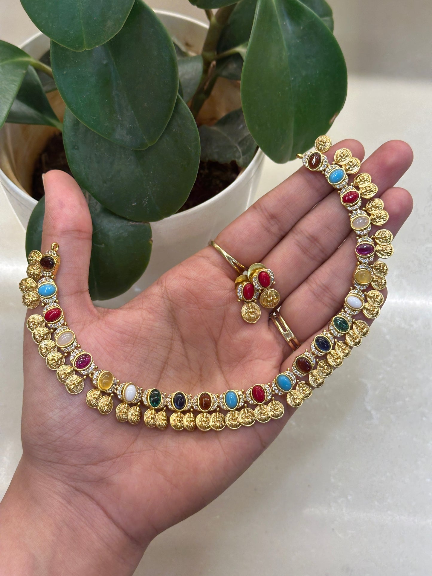 Matte Gold Navaratna Maala (Long/Short)