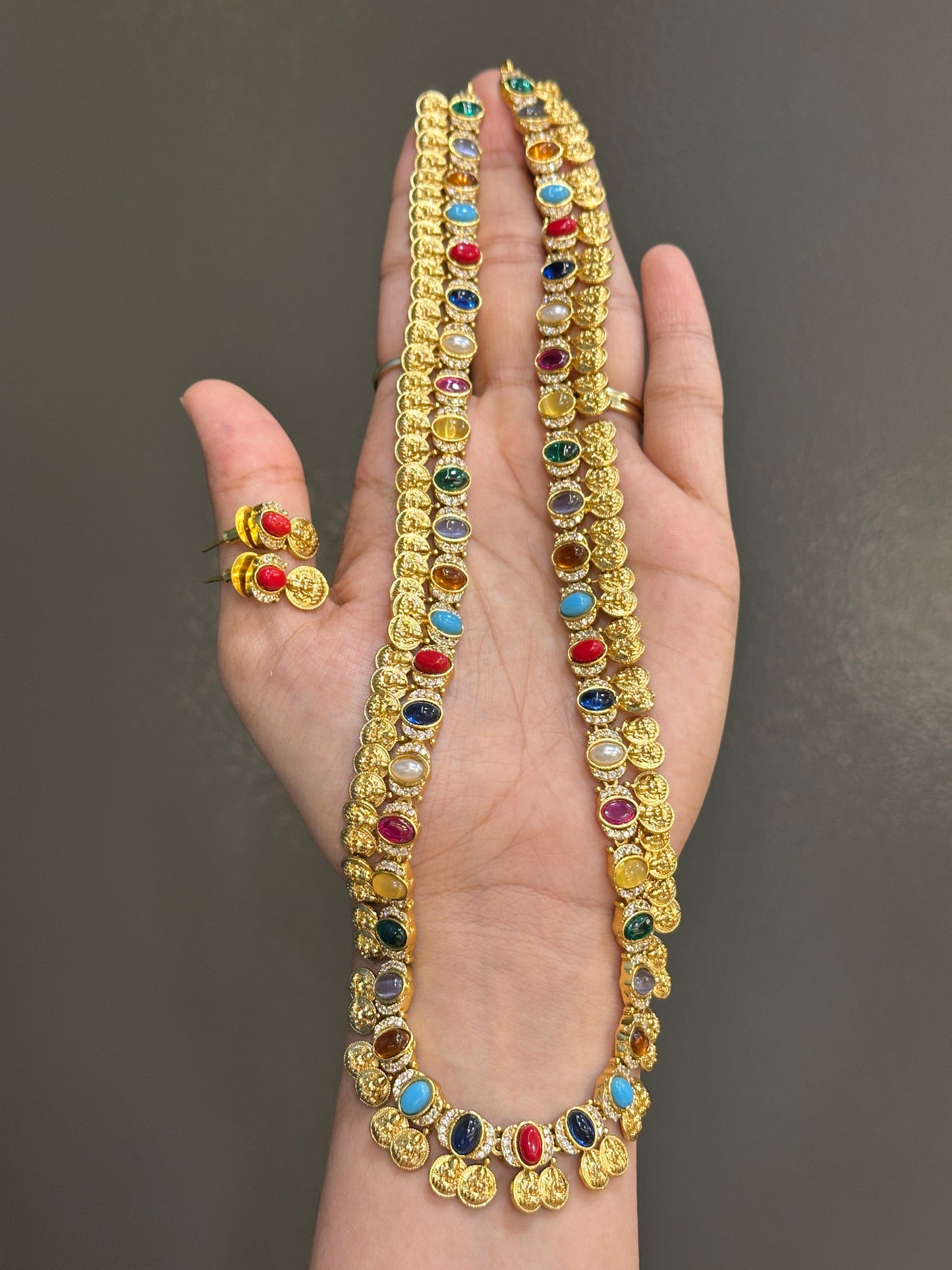 Matte Gold Navaratna Maala (Long/Short)