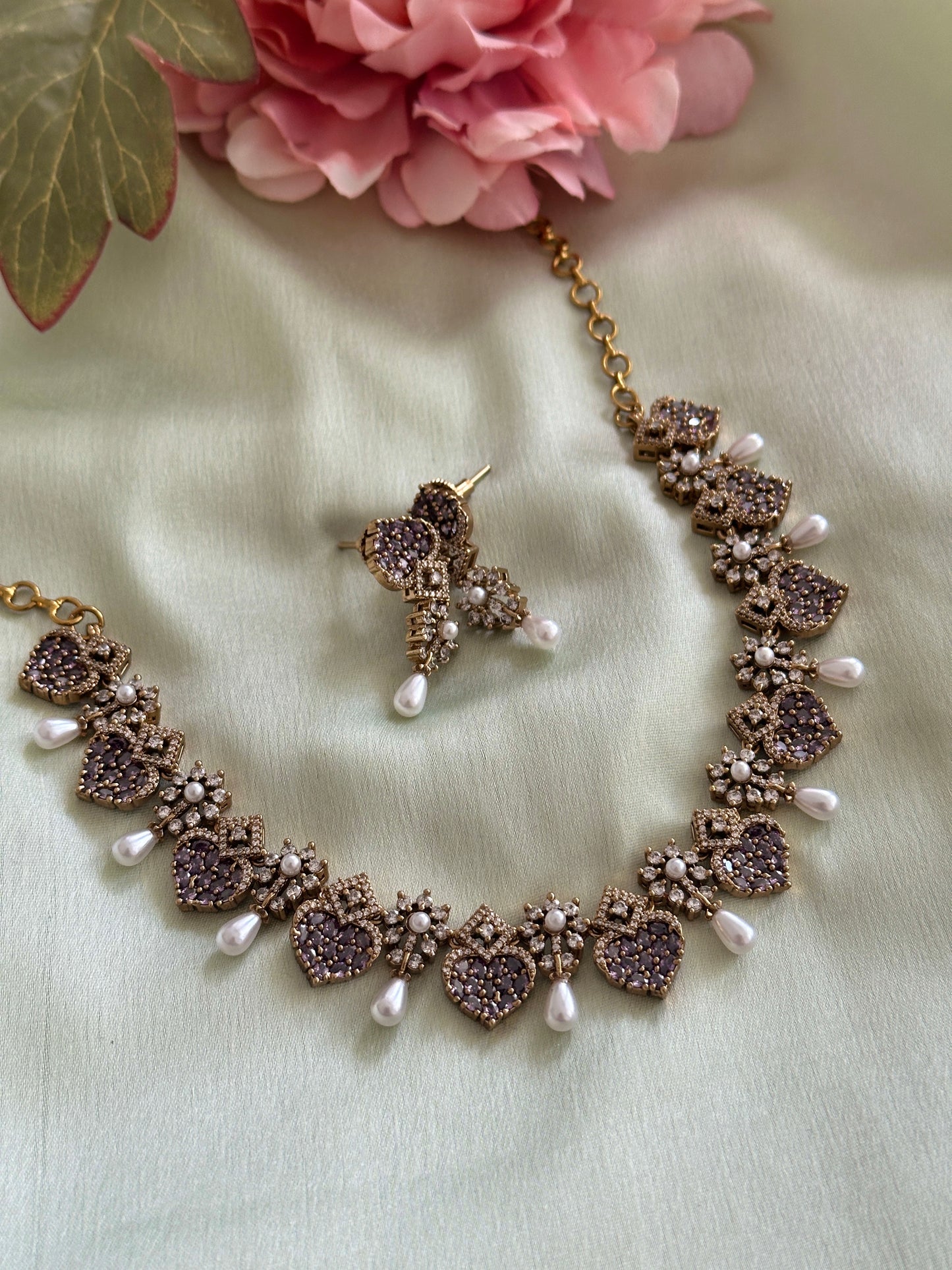Little Heart AD Necklace with Pearl Droppings