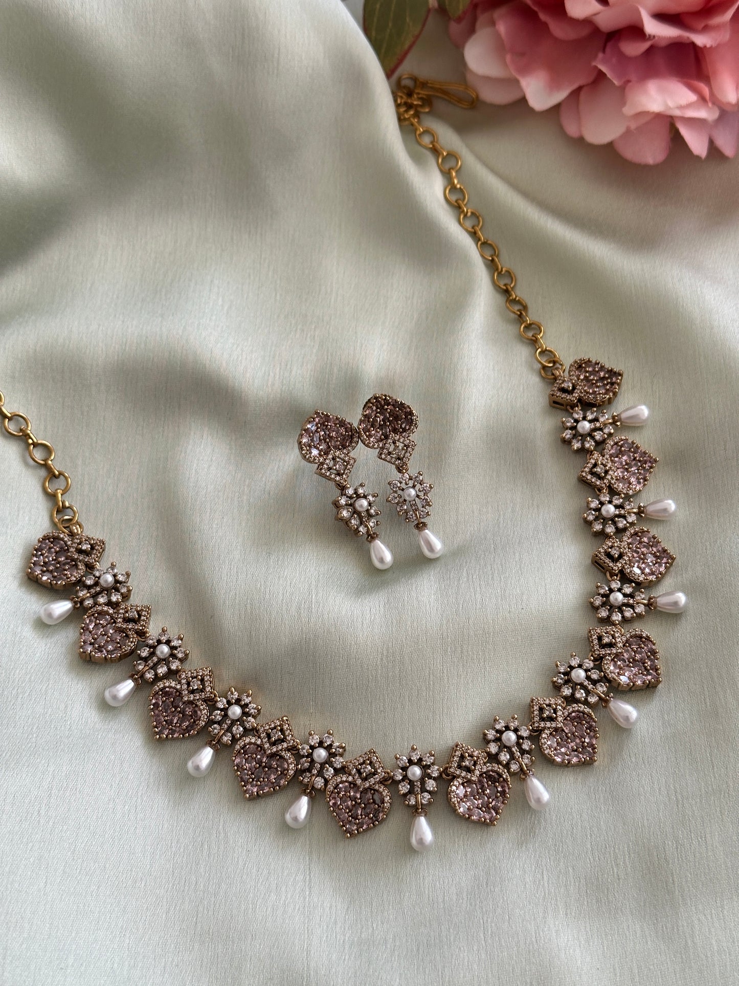 Little Heart AD Necklace with Pearl Droppings