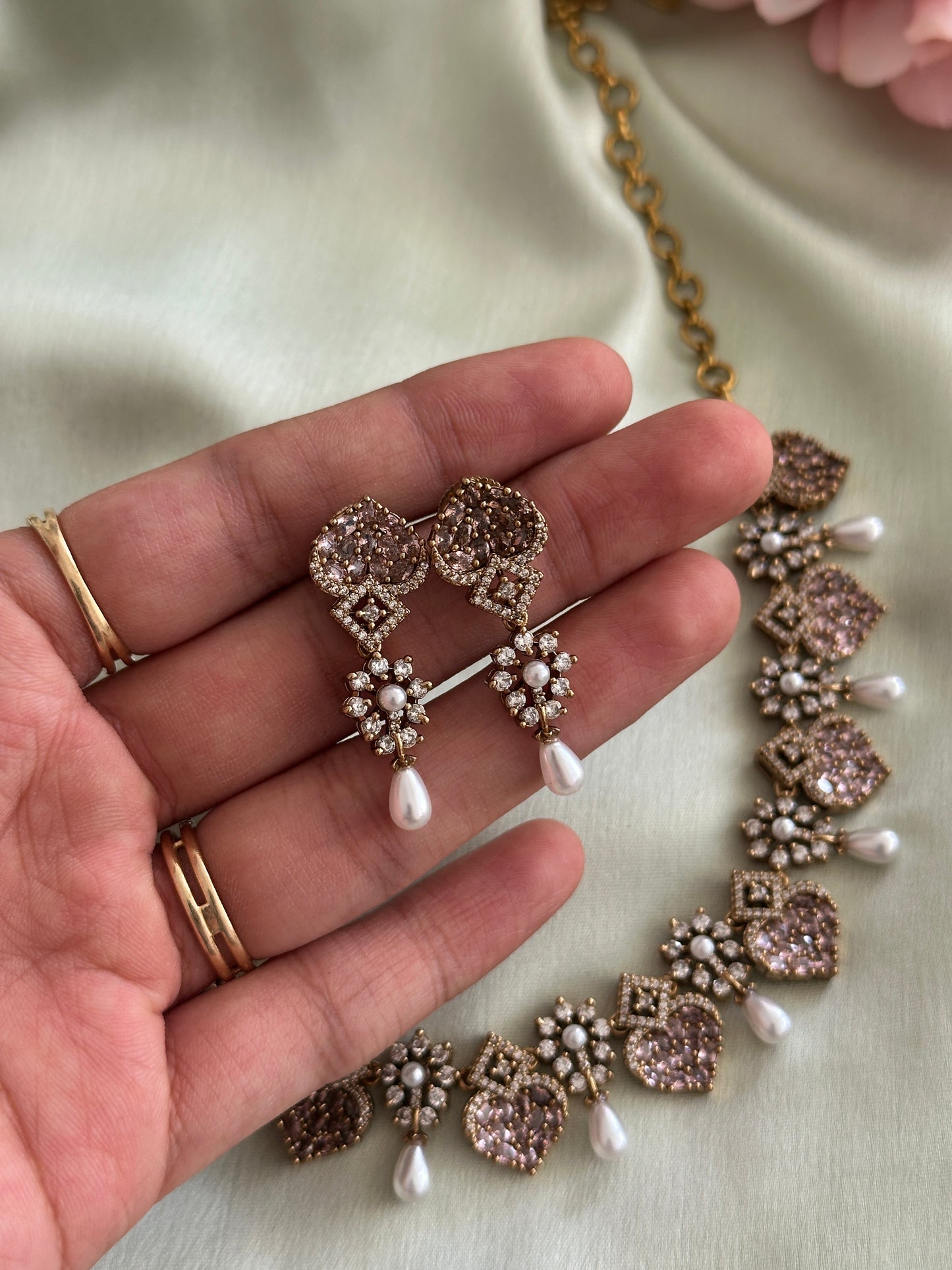 Little Heart AD Necklace with Pearl Droppings