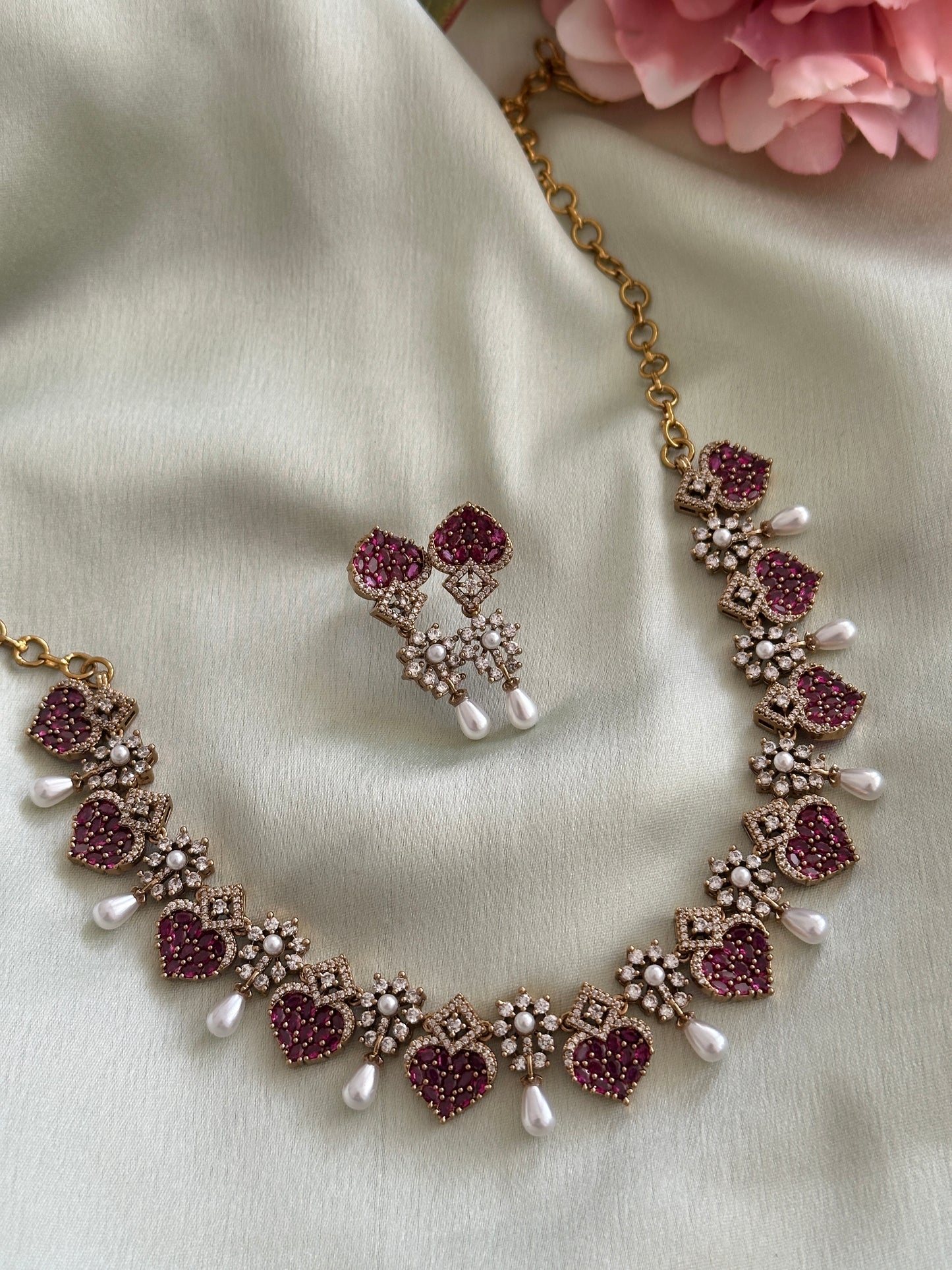Little Heart AD Necklace with Pearl Droppings