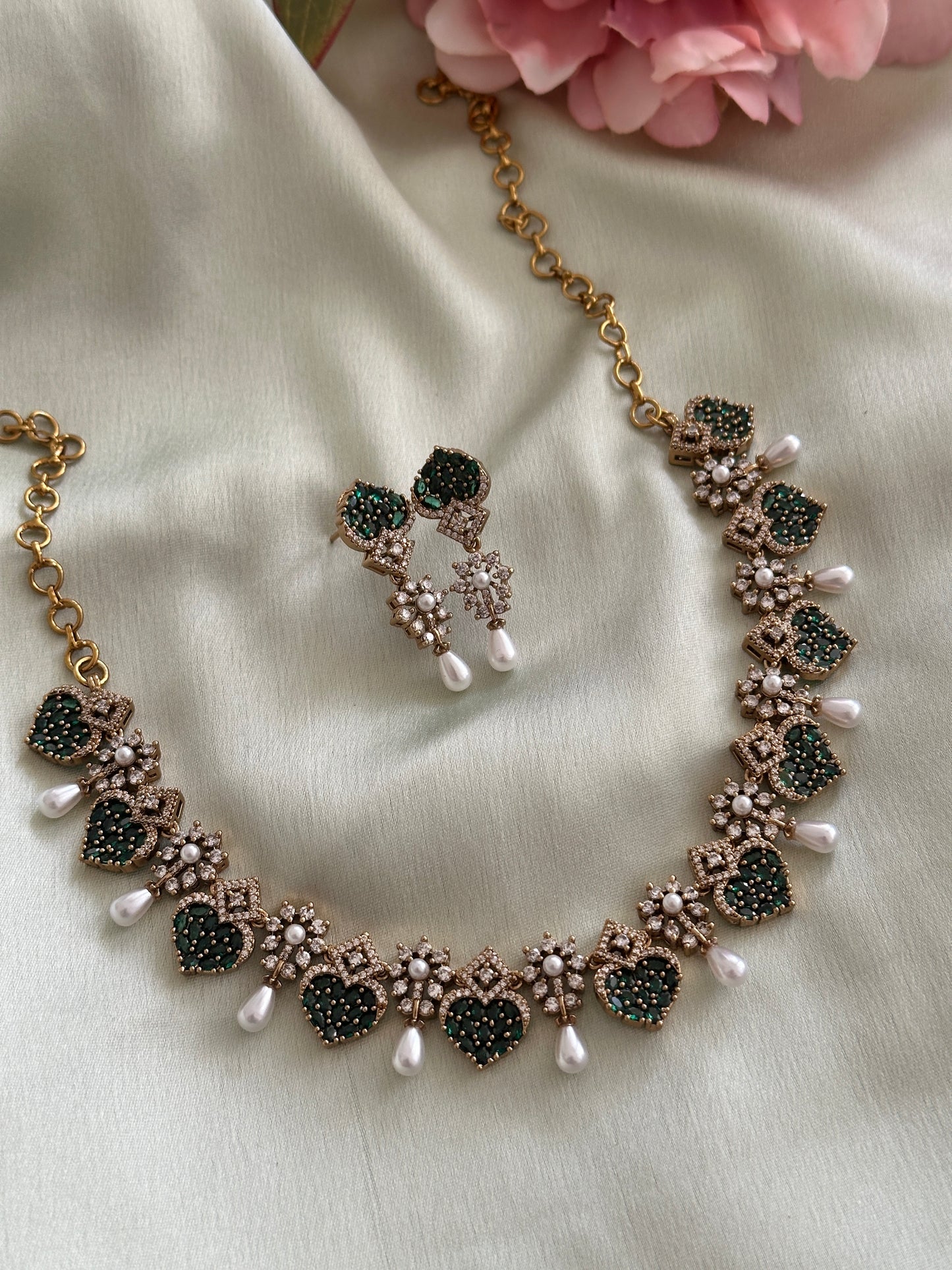 Little Heart AD Necklace with Pearl Droppings