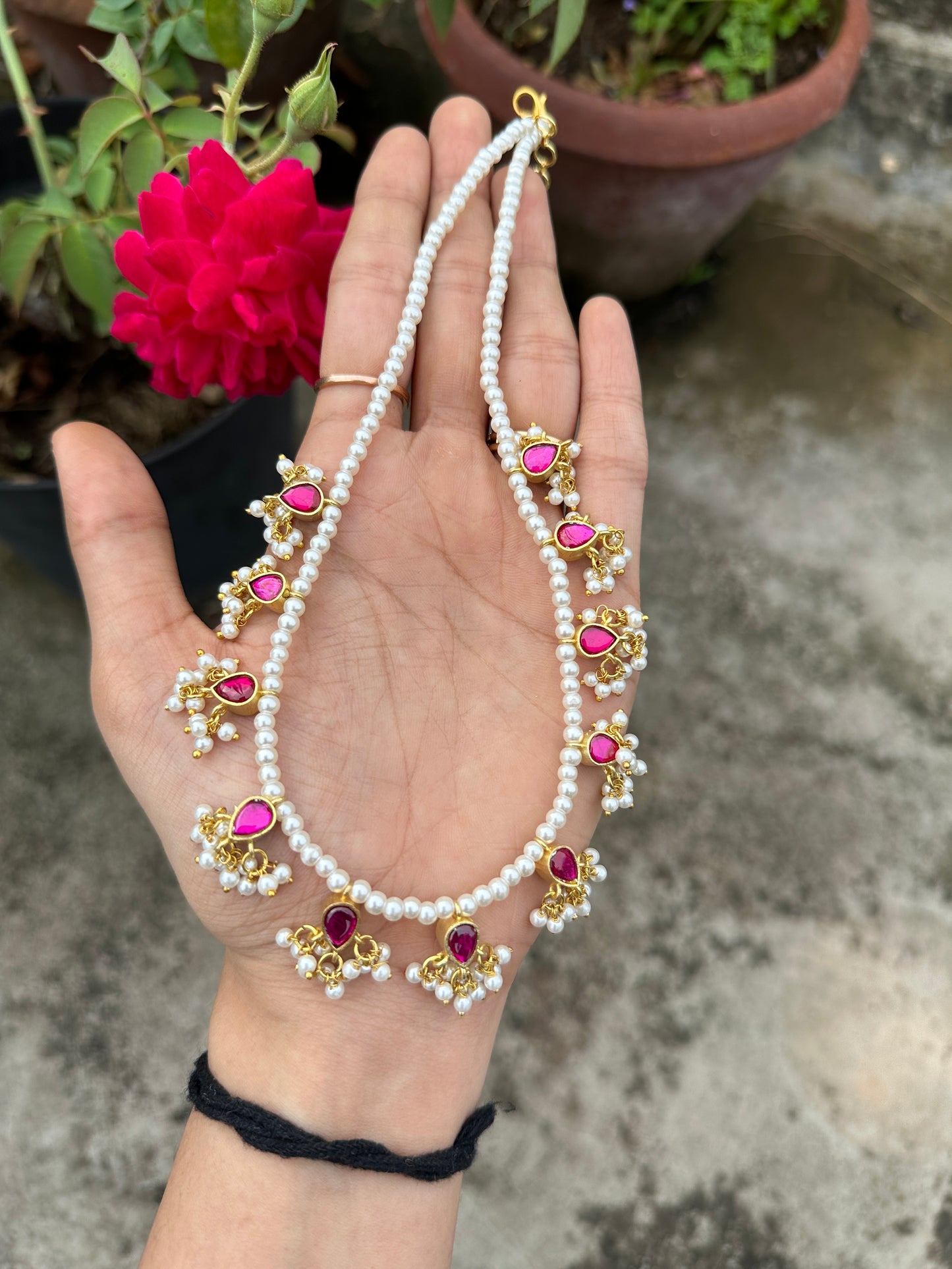 Premium Reversible Jadau Stone Pearl Chain(Green)