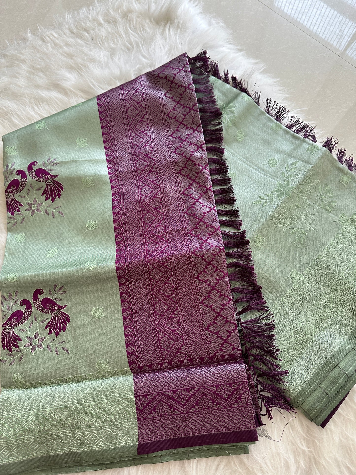 Pastel Green Peacock Saree