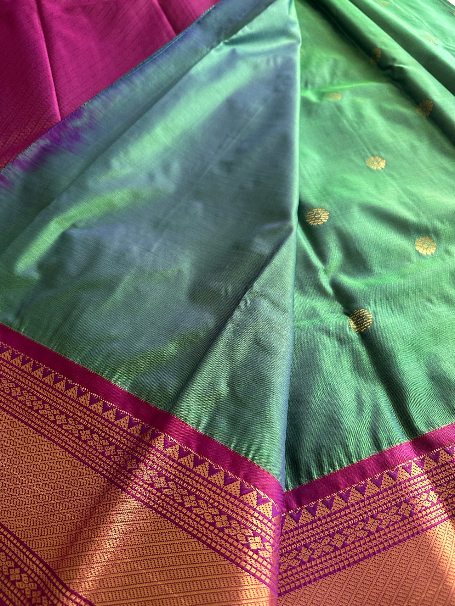 Blue & Green dual tone semi Kanchivaram Pattu