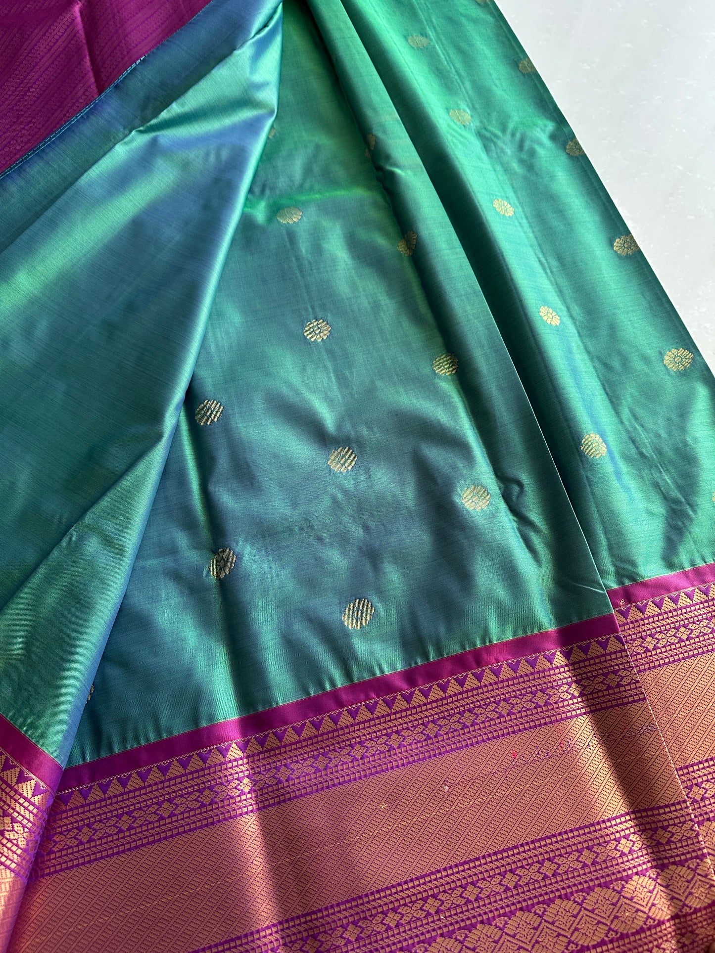 Blue & Green dual tone semi Kanchivaram Pattu