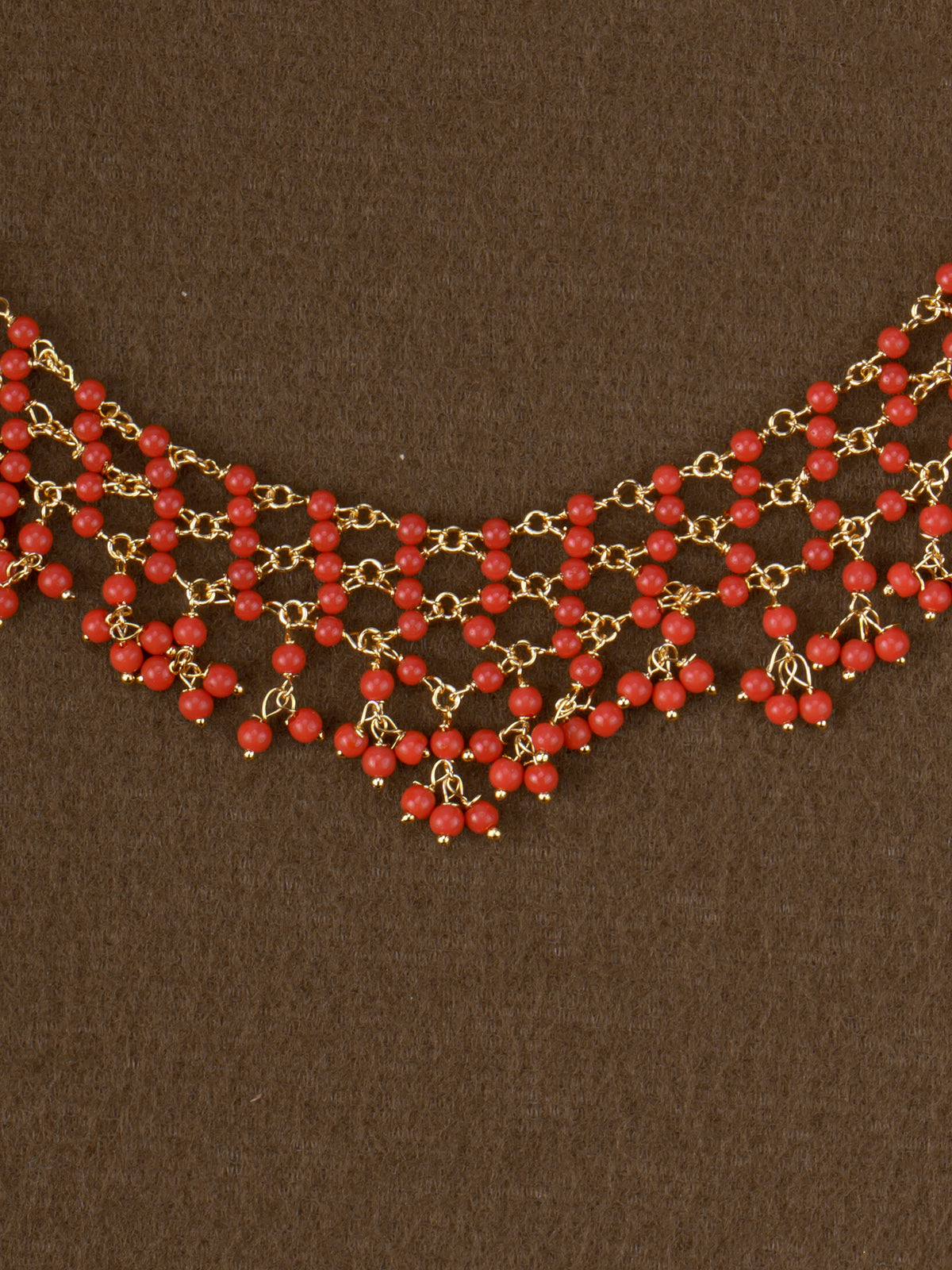 Jaali Beaded Mesh Necklace - Coral close-up