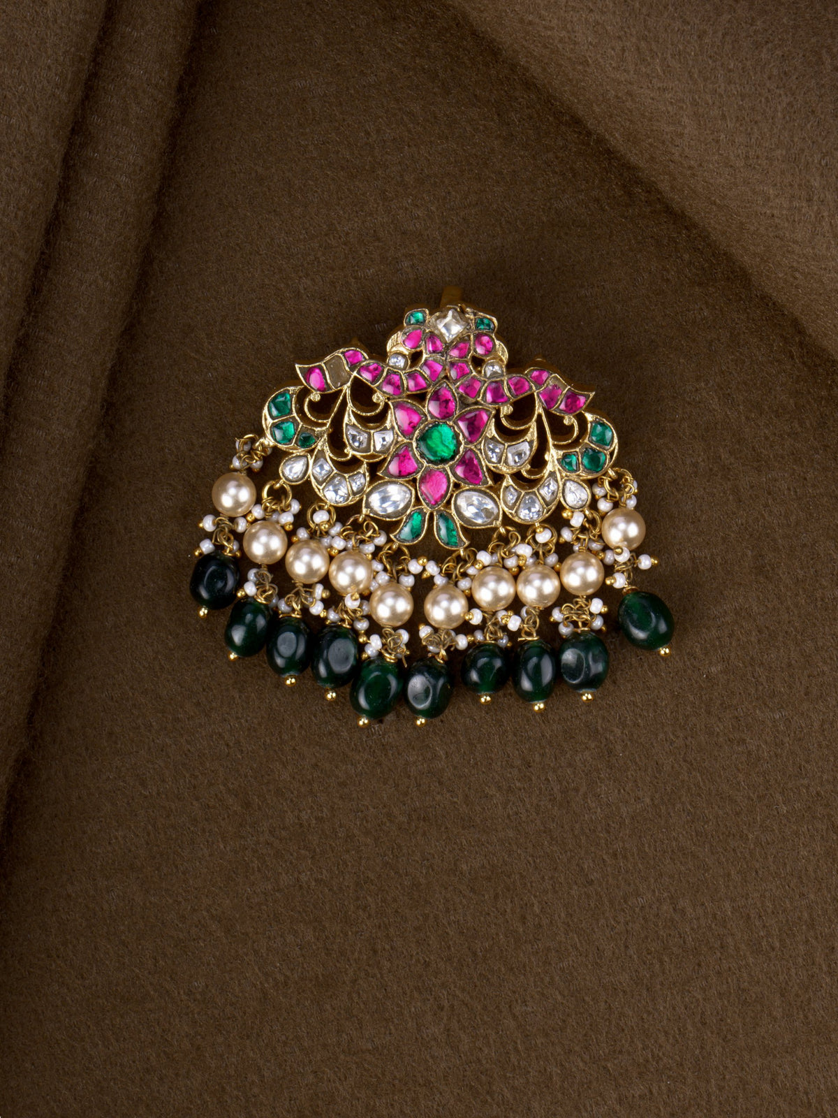 Mallika Jadau Hair Brooch - floral jadau hair ornament with ruby, green and kundan stones, pearls and green beads