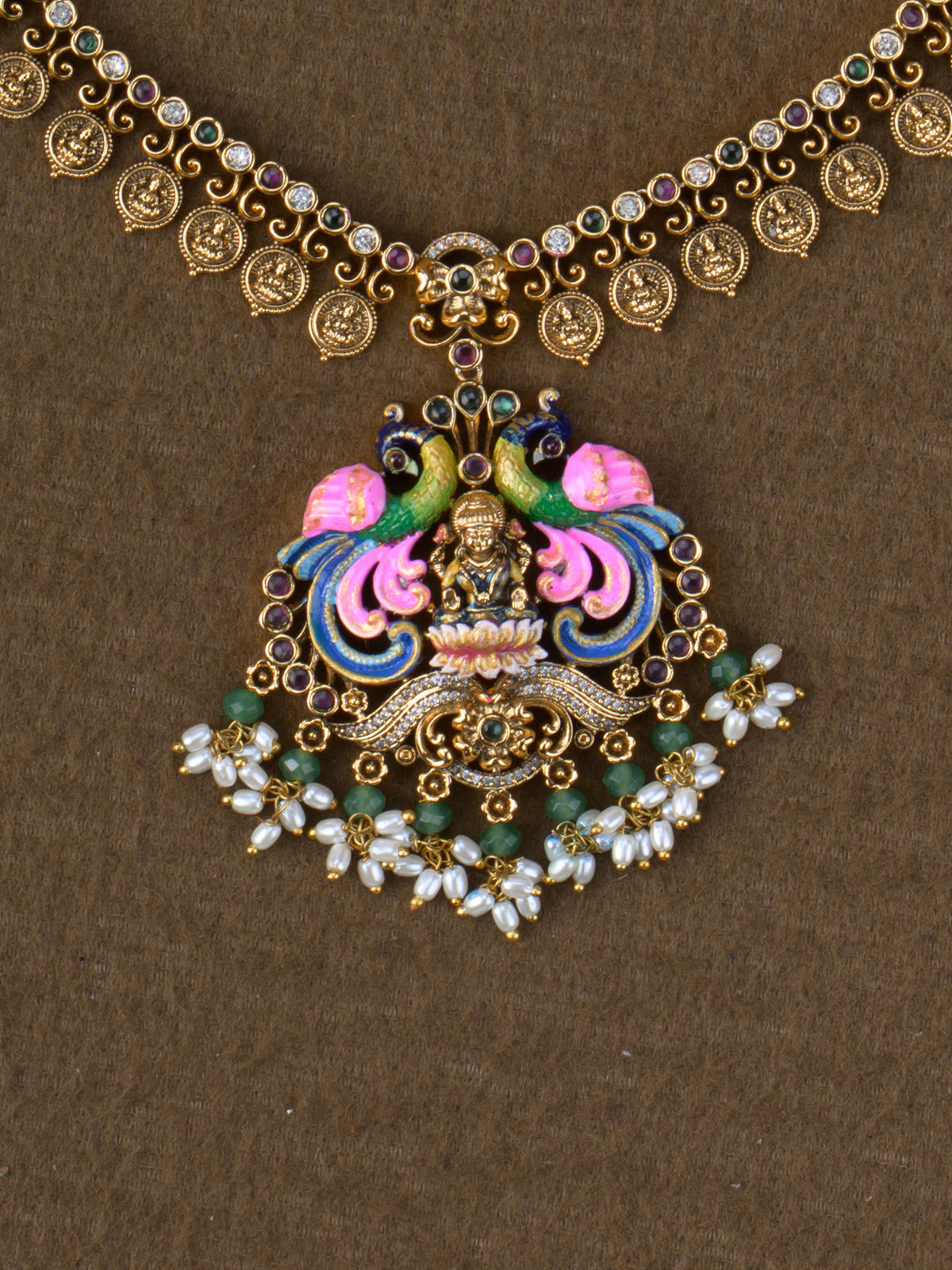 Antique Meenakari Peacock Lakshmi Kasu Necklace Set