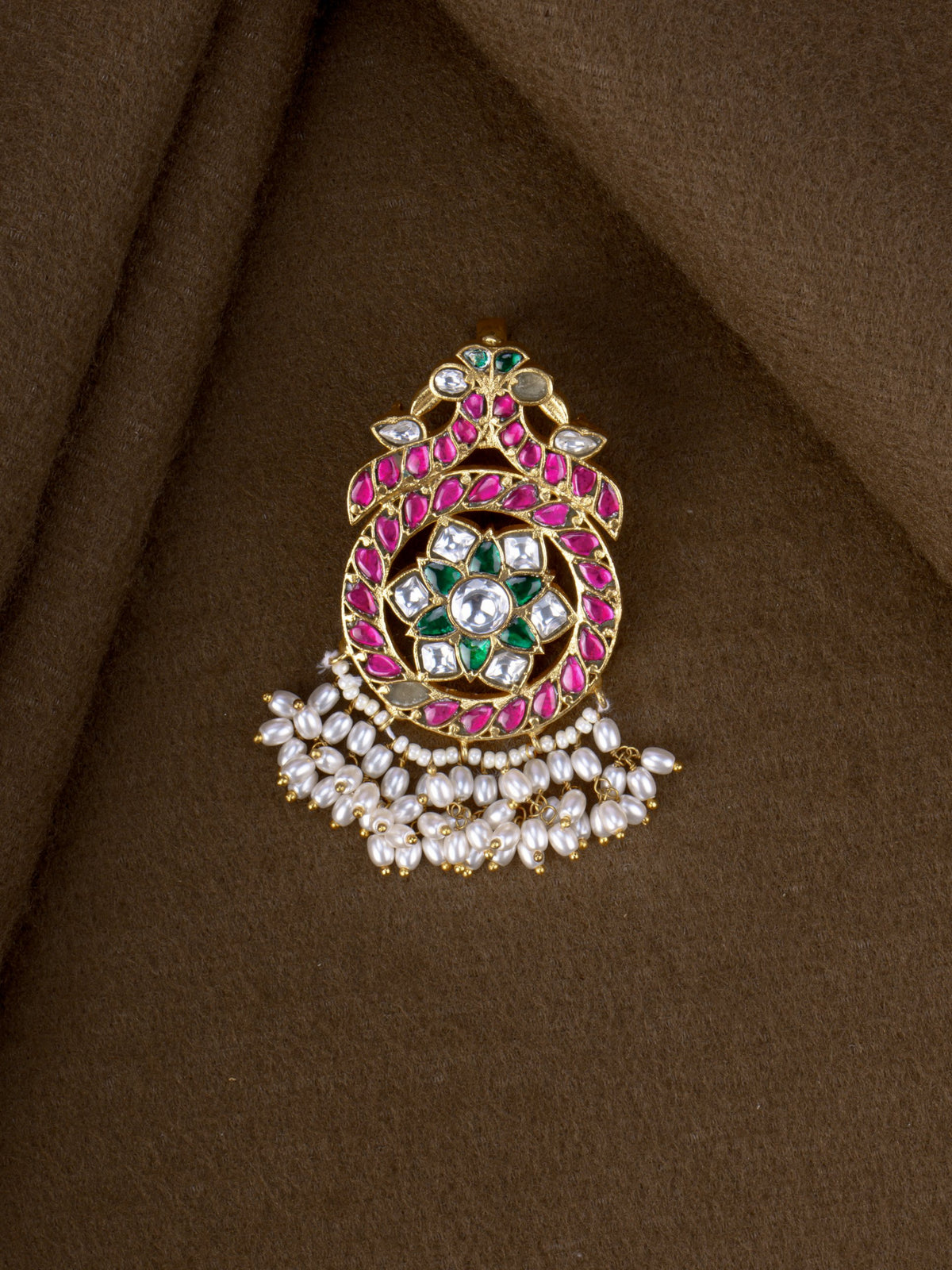 Shuka Chakra Jadau Hair Brooch - parrot and flower jadau hair ornament with ruby, green, kundan stones and pearl fringe