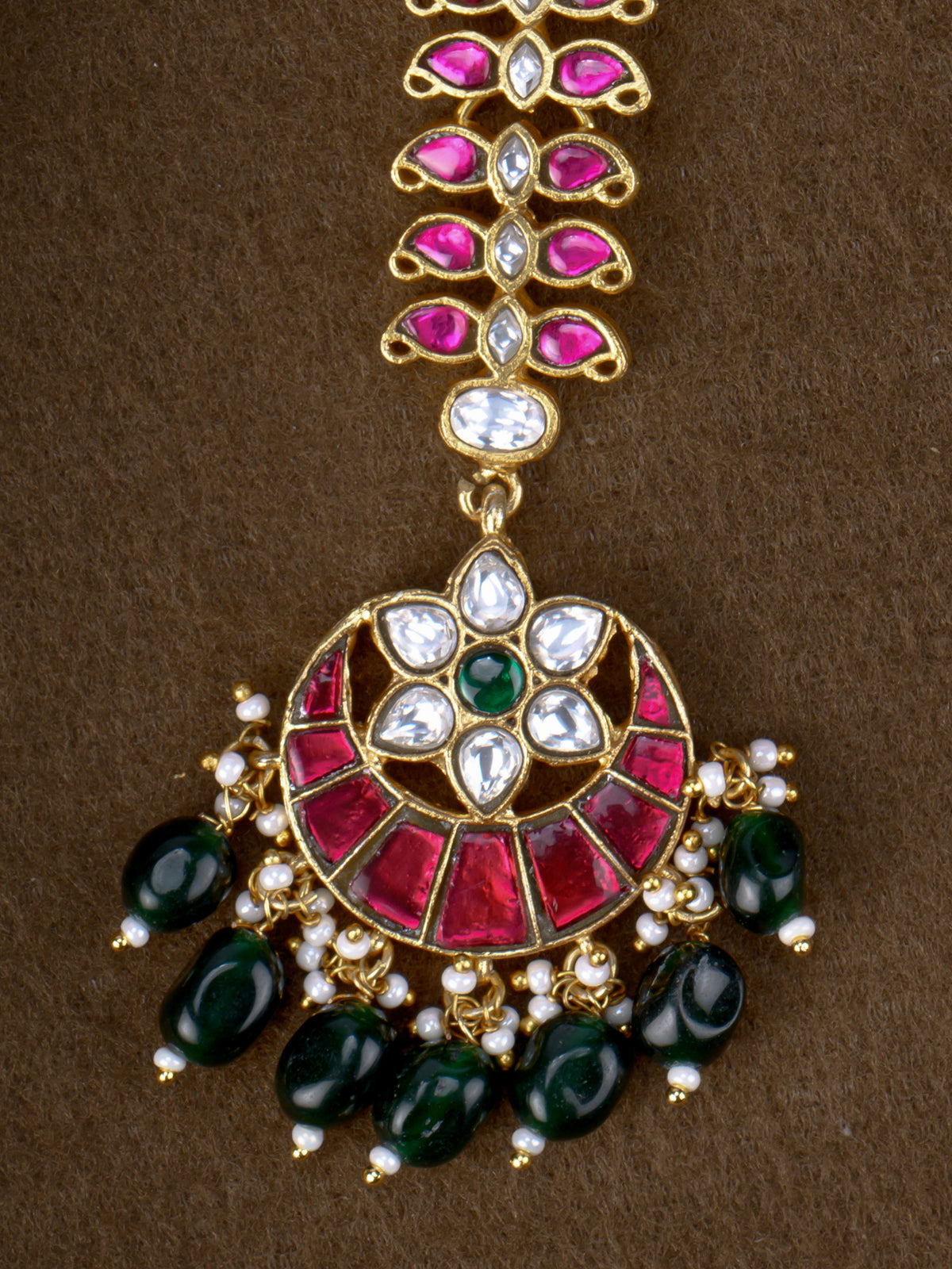Taravati Jadau Maang Tikka - close-up of kundan flower and crescent pendant