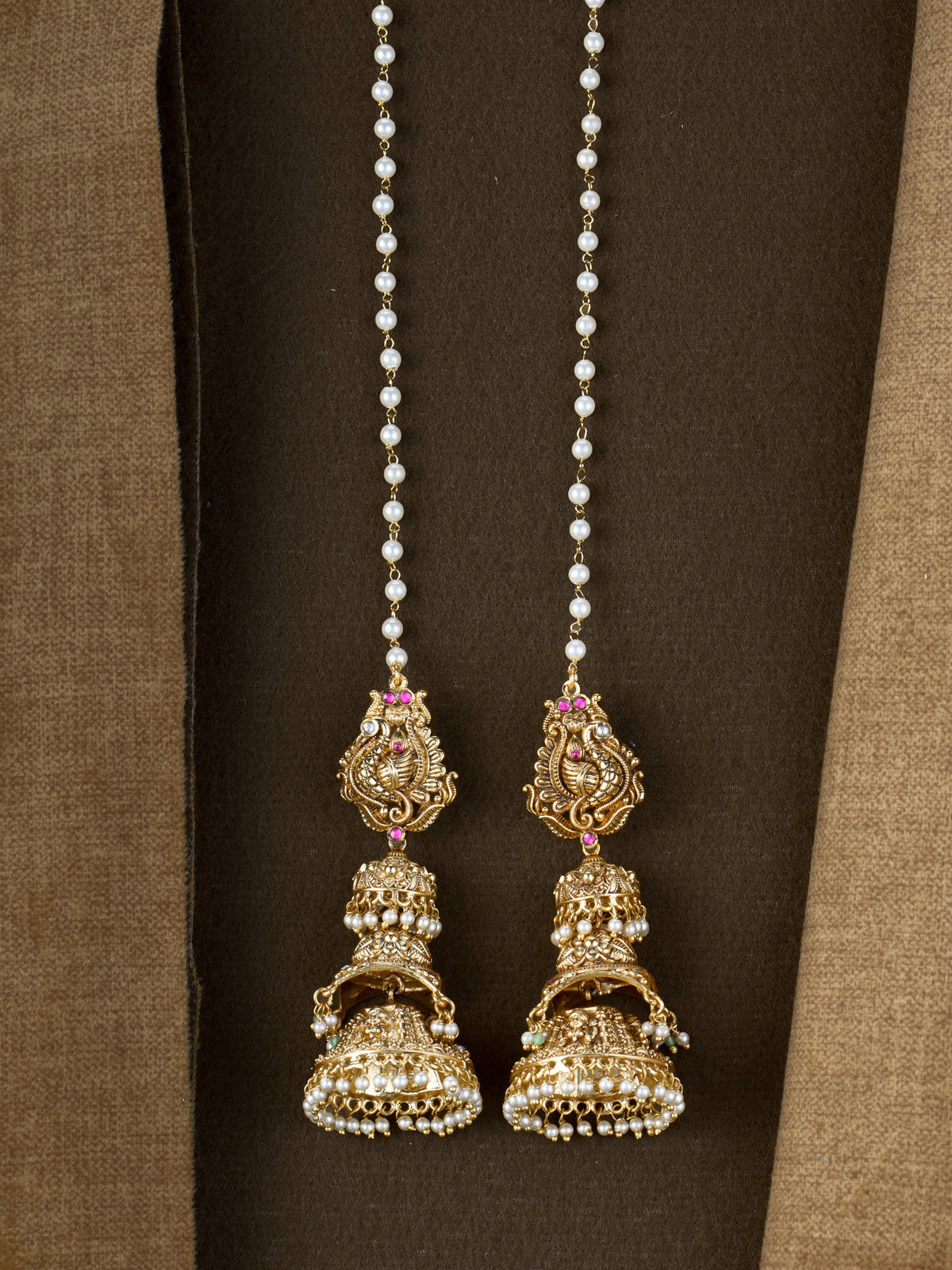 Peacock Pearl Jhumka Mattals - Red