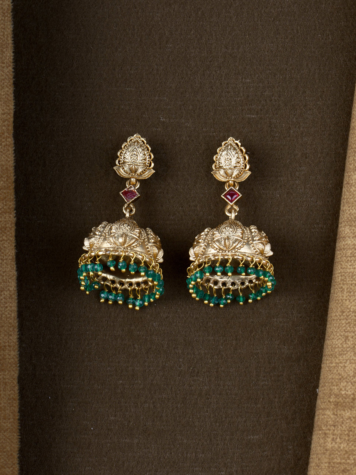 Antique Leaf Bead Jhumkas - Green