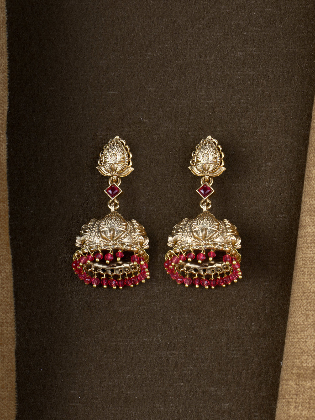 Antique Leaf Bead Jhumkas - Red