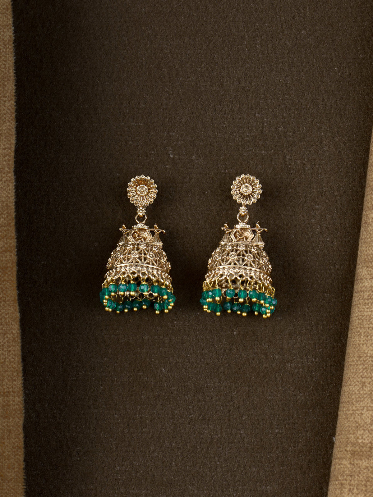 Krishna Filigree Bead Jhumkas - Green