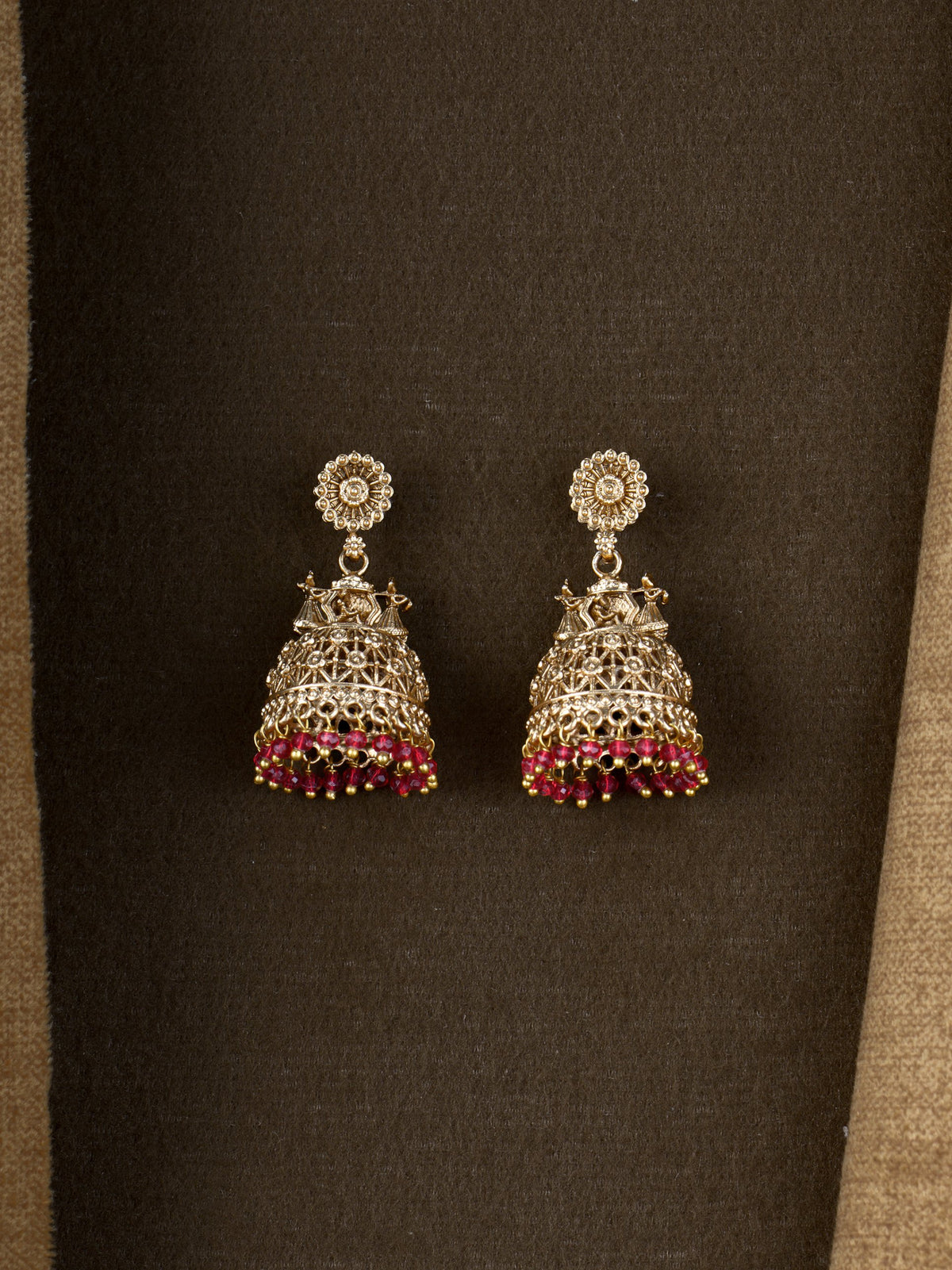 Krishna Filigree Bead Jhumkas - Red