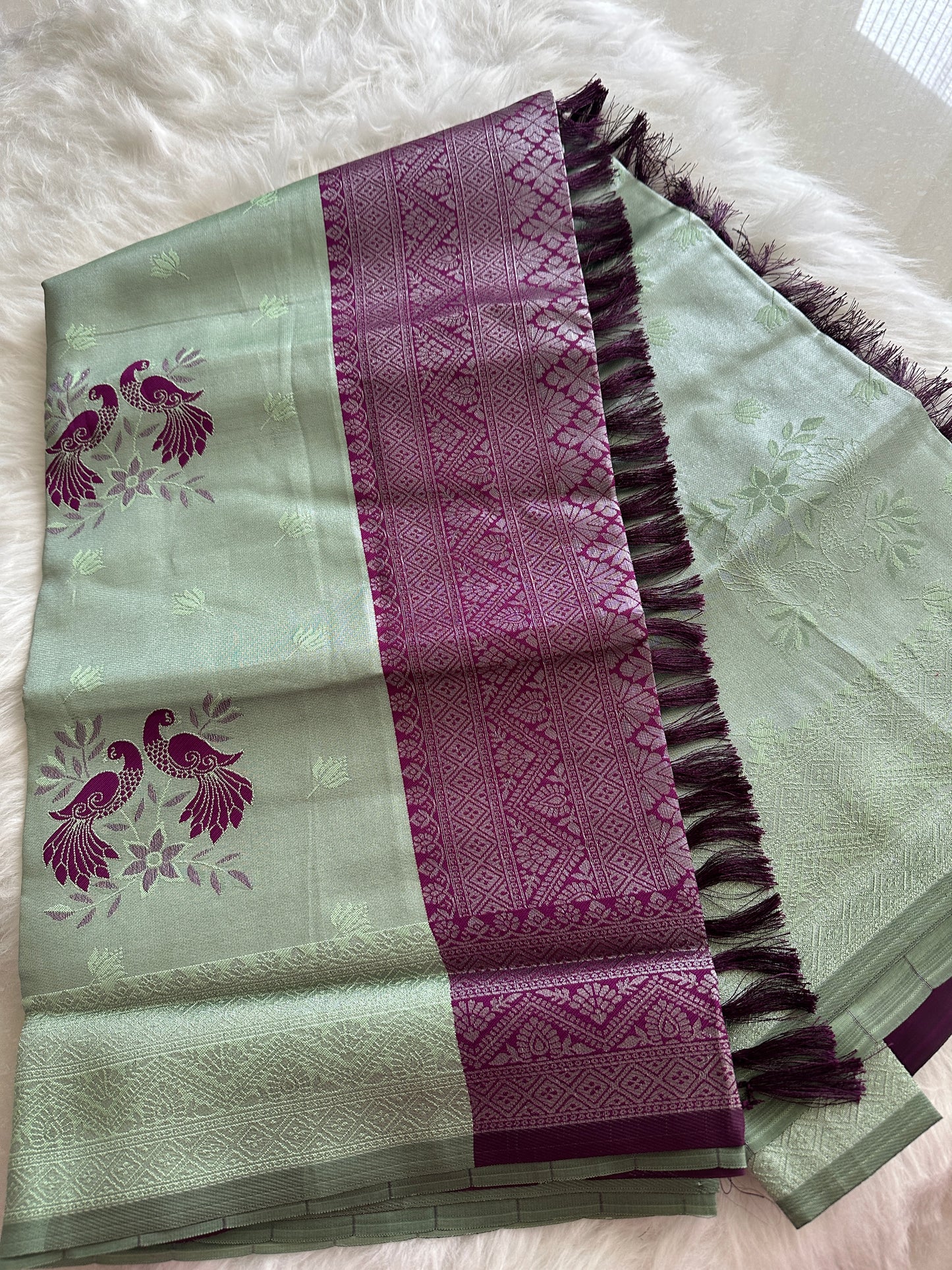 Pastel Green Peacock Tissue Silk Saree