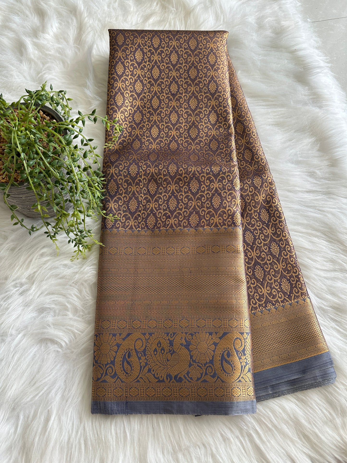 Brown x Gold x Blue Mix Tissue Silk Saree