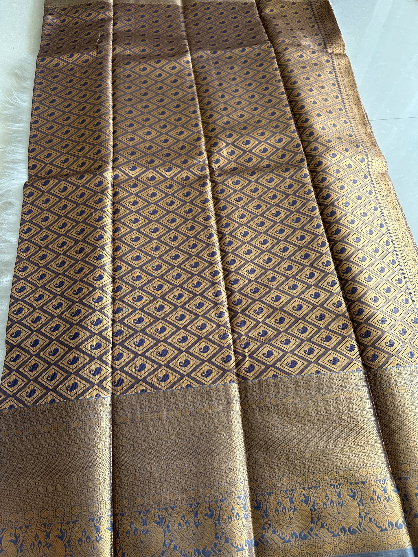 Brown x Gold x Blue Mix Tissue Silk Saree