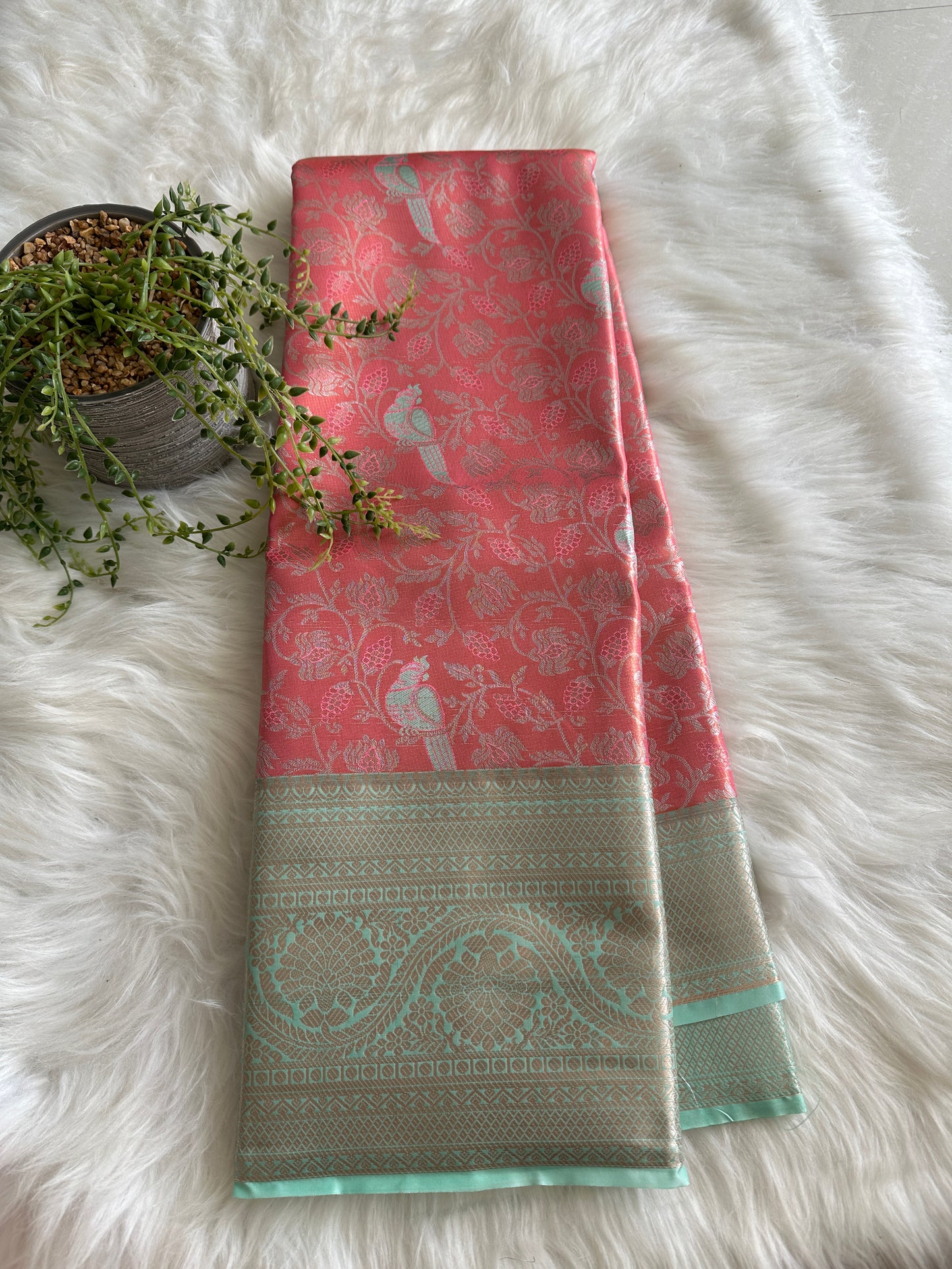 Georgia Peach x pastel blue Tissue Silk Saree