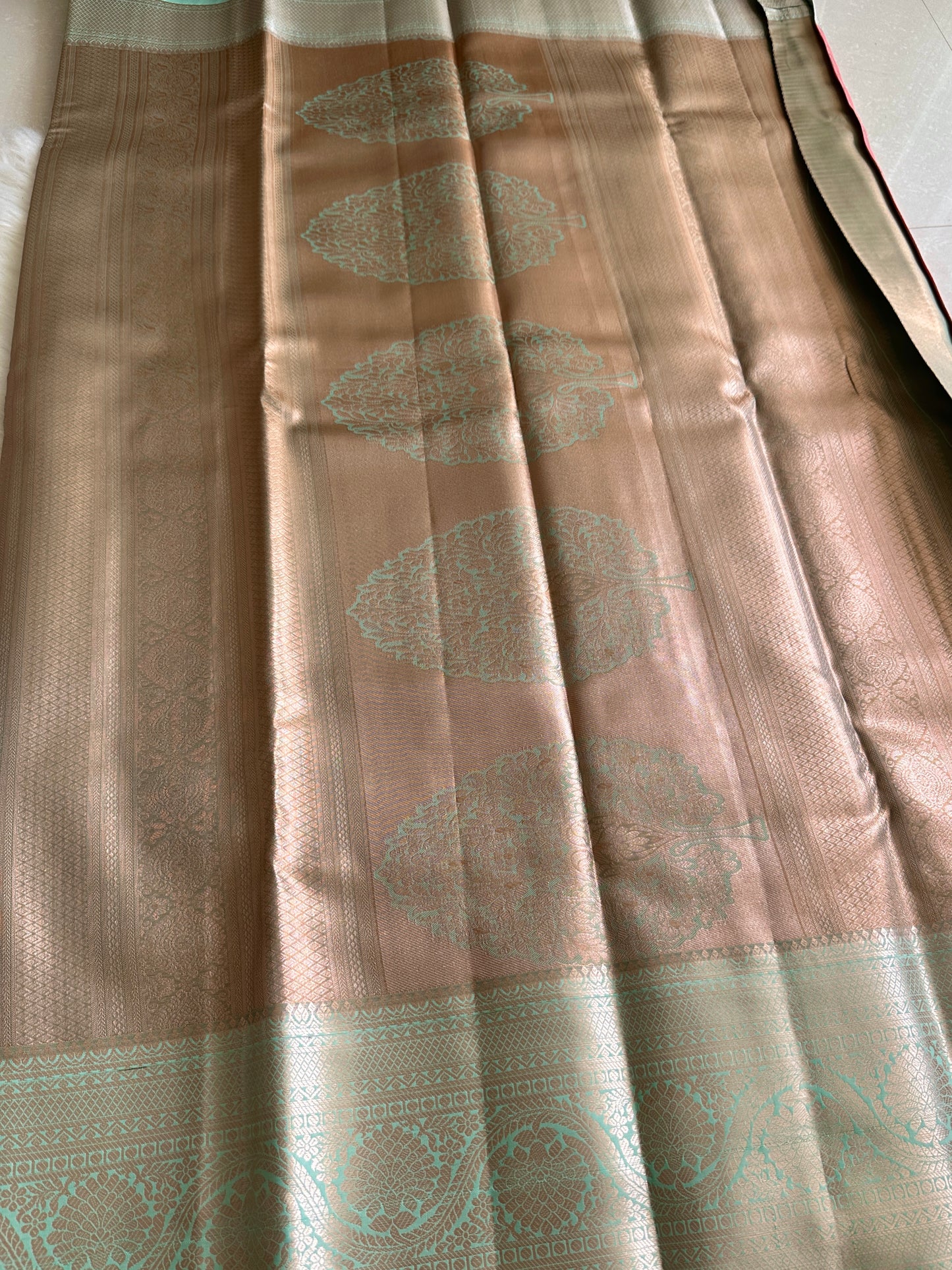 Georgia Peach x pastel blue Tissue Silk Saree