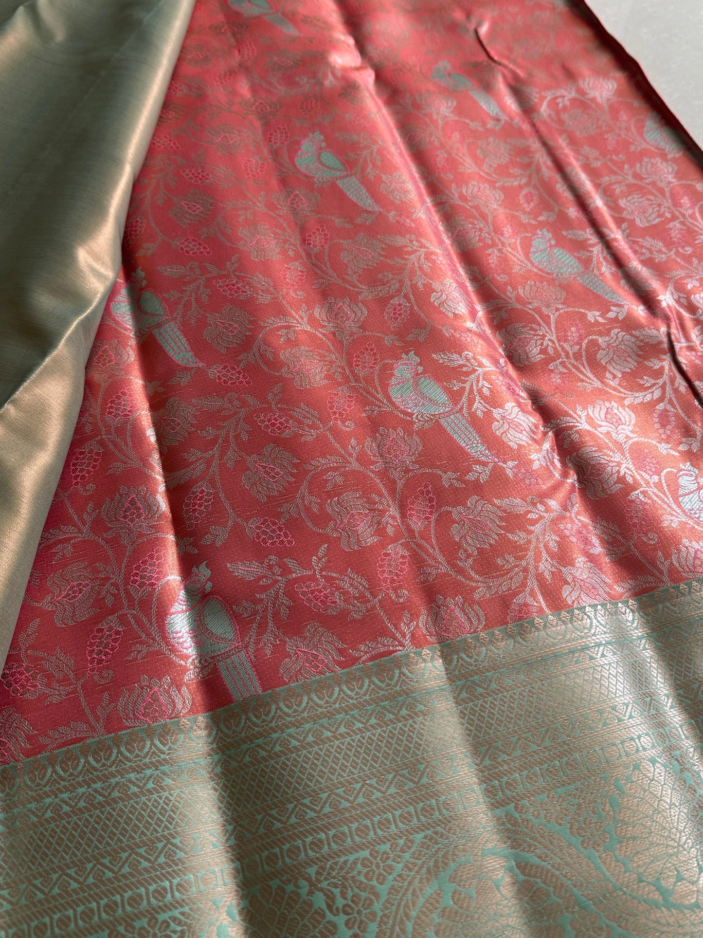 Georgia Peach x pastel blue Tissue Silk Saree