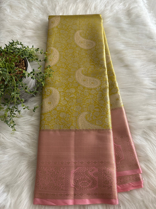 Lemon Yellow Mango Design Tissue Silk Saree