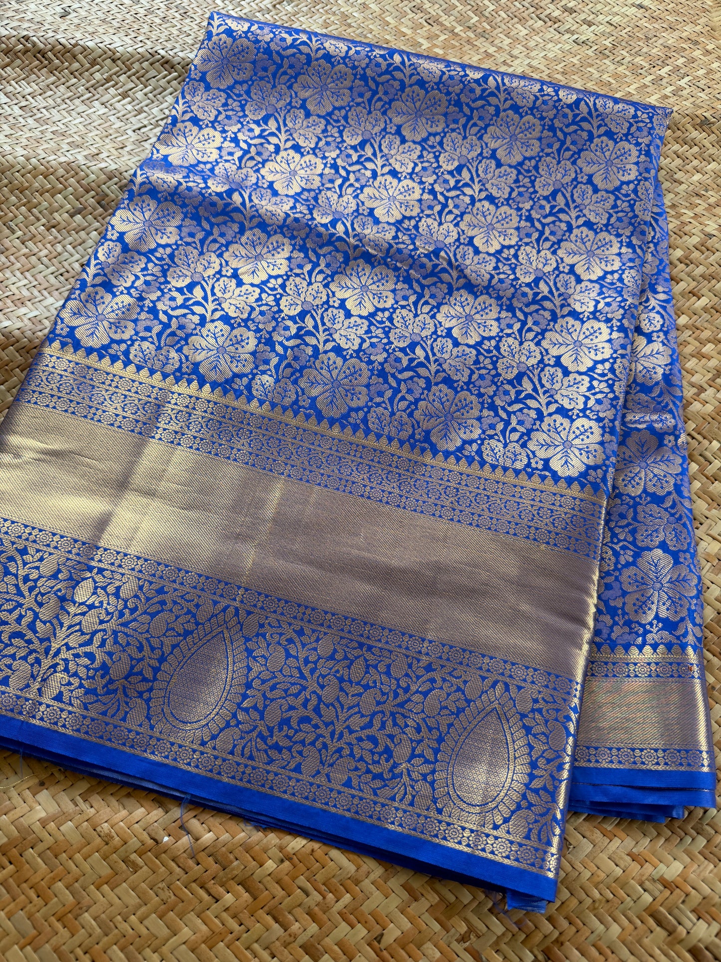 Royal Blue Floral Semi Kanchi Brocade Pattu
